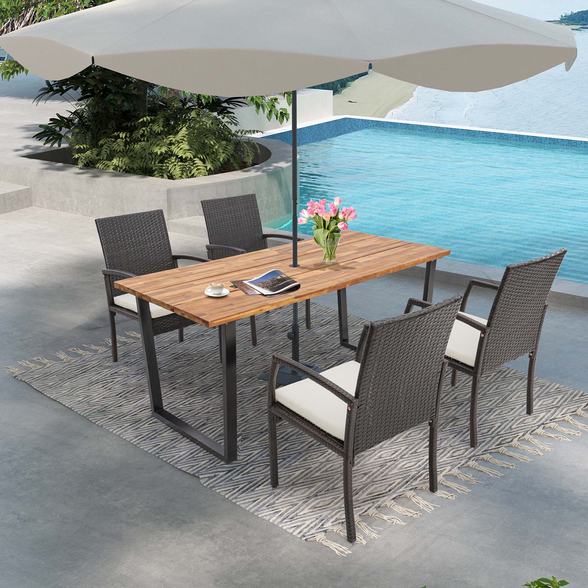 Alt View 2. Costway - Costway 5 PCS Patio Rattan Dining Set Acacia Wood Table 4 Wicker Chairs with Umbrella Hole - Mix Brown/Off White/Natural/Black.