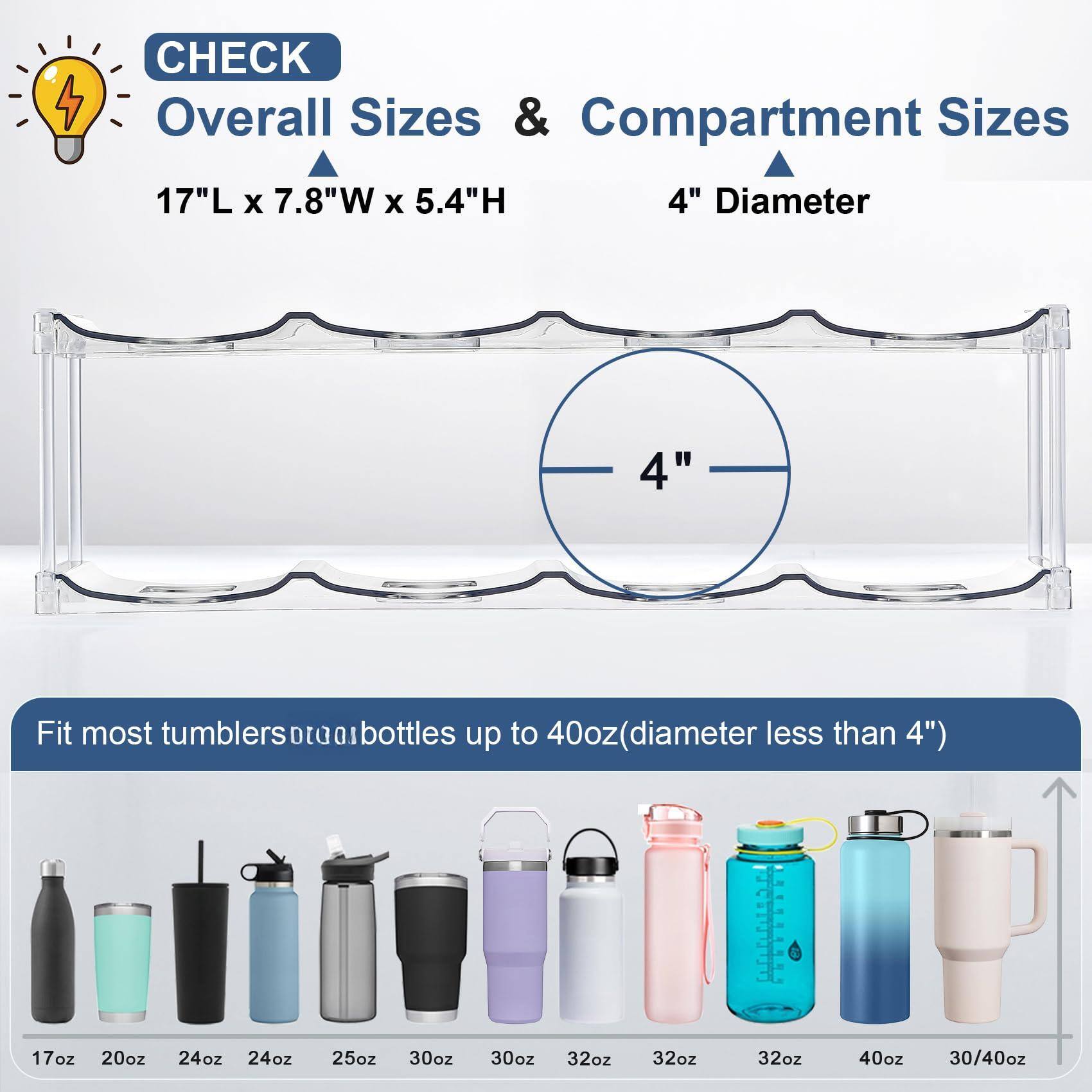 CHECK  
Overall Sizes & Compartment Sizes  
17"L x 7.8"W x 5.4"H  
4" Diameter  

Fit most tumblers or bottles up to 40oz (diameter less than 4")  
17oz 20oz 24oz 24oz 25oz 30oz 30oz 32oz 32oz 32oz 40oz 30/40oz