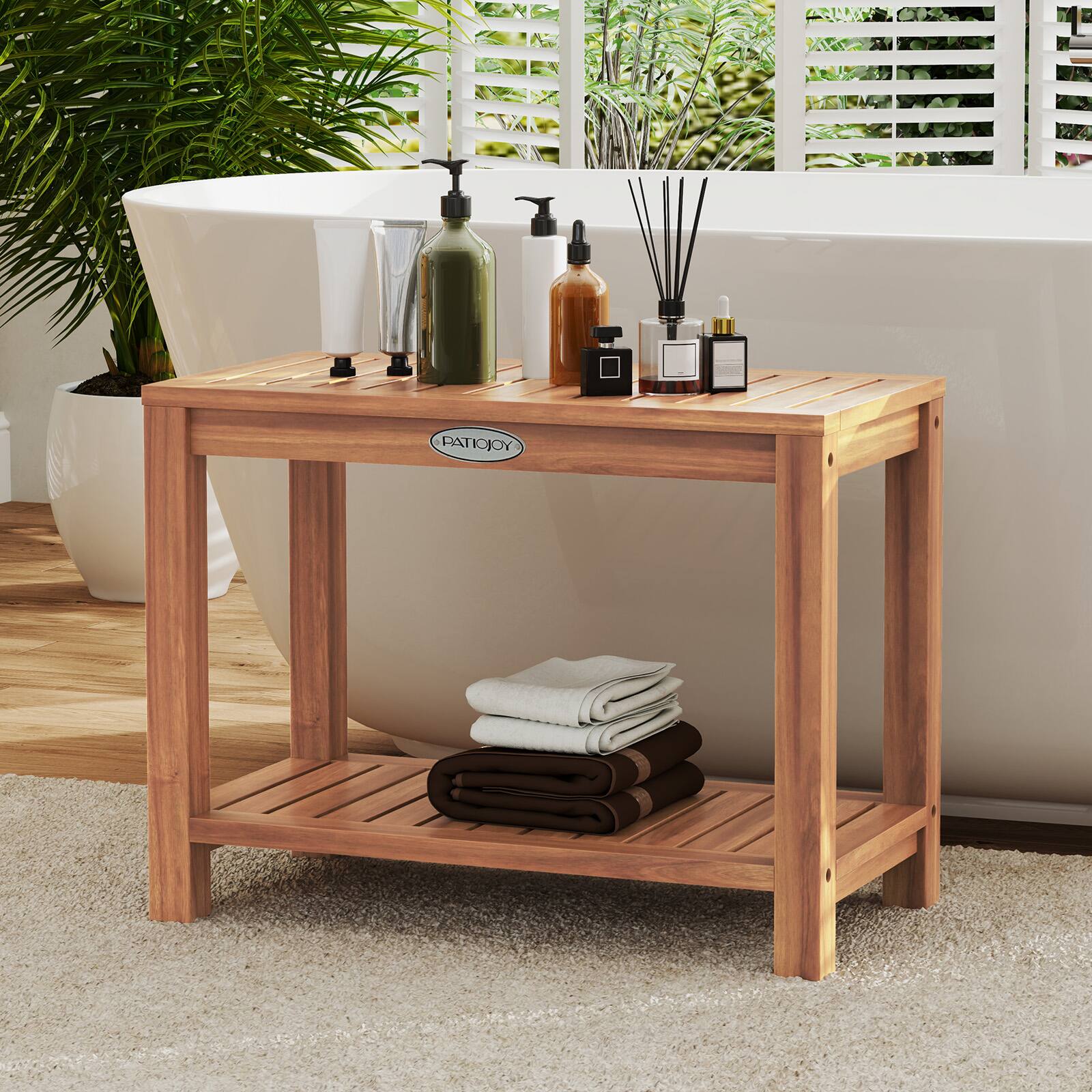 Alt View 1. Gymax - Gymax 24 Inch Teak Wood Shower Bench Inside Shower Stool w/ Storage Shelf for Adults - Teak.