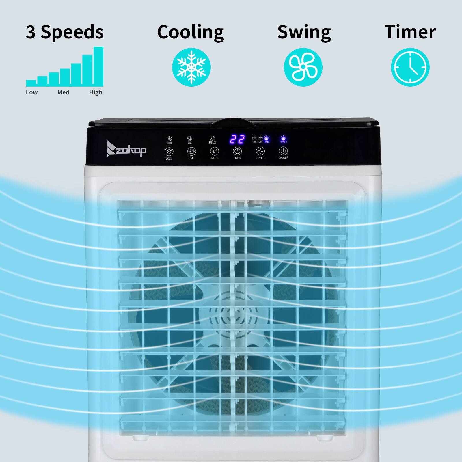 3 Speeds Cooling Swing Timer  
Low Med High  
Zokop  
22  
Timer  
Speed  
Off