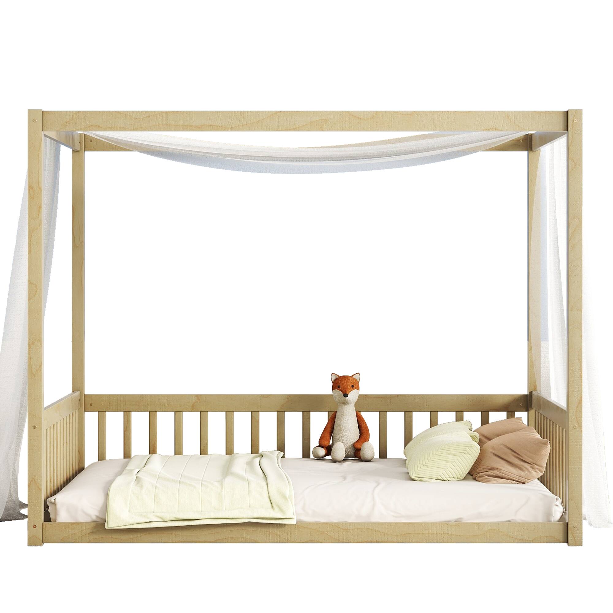 Alt View 9. Tiramisubest - Full Size Canopy Frame Floor Bed with Fence, Guardrails,Natural - Natural.