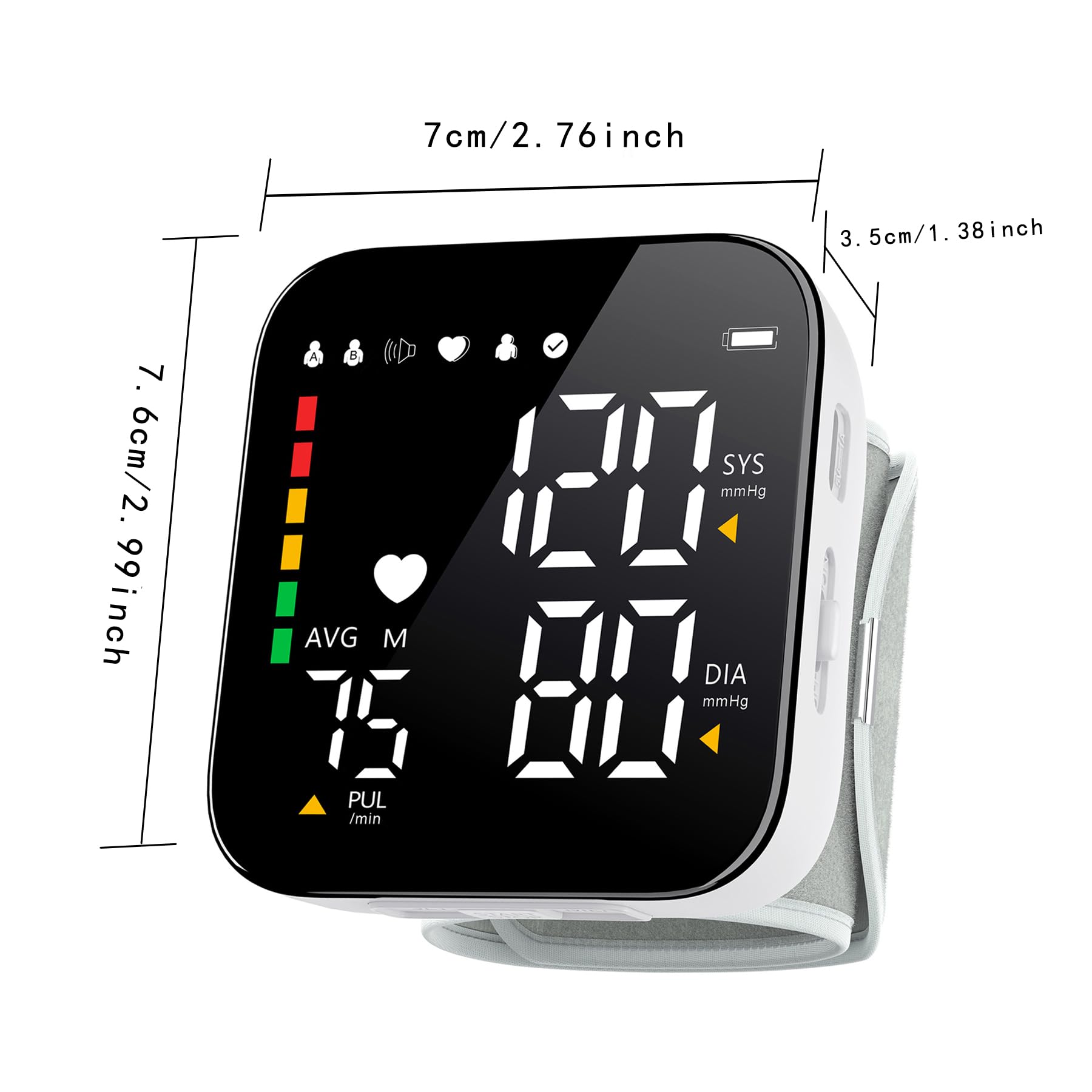 7cm/2.76inch  
3.5cm/1.38inch  
7.6cm/2.99inch  

SYS mmHg  
DIA mmHg  
PUL /min  

AVG  
M