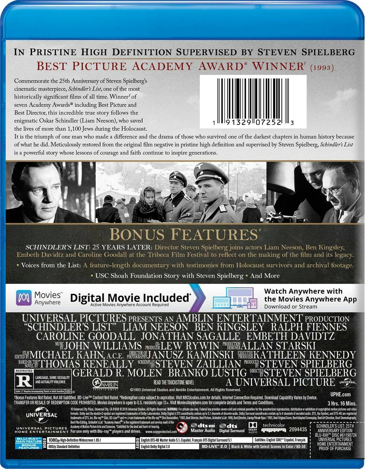 Back. Schindler's List (25th Anniversary Edition) [Blu-ray].
