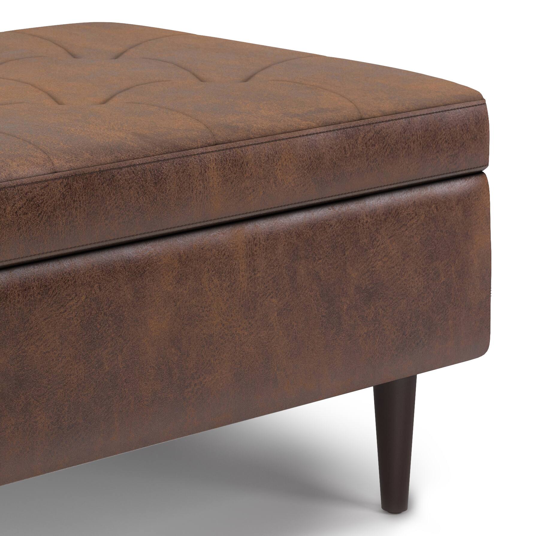 Alt View 15. Simpli Home - Shay Mid Century Small Square Coffee Table Storage Ottoman - Distressed Chestnut Brown.