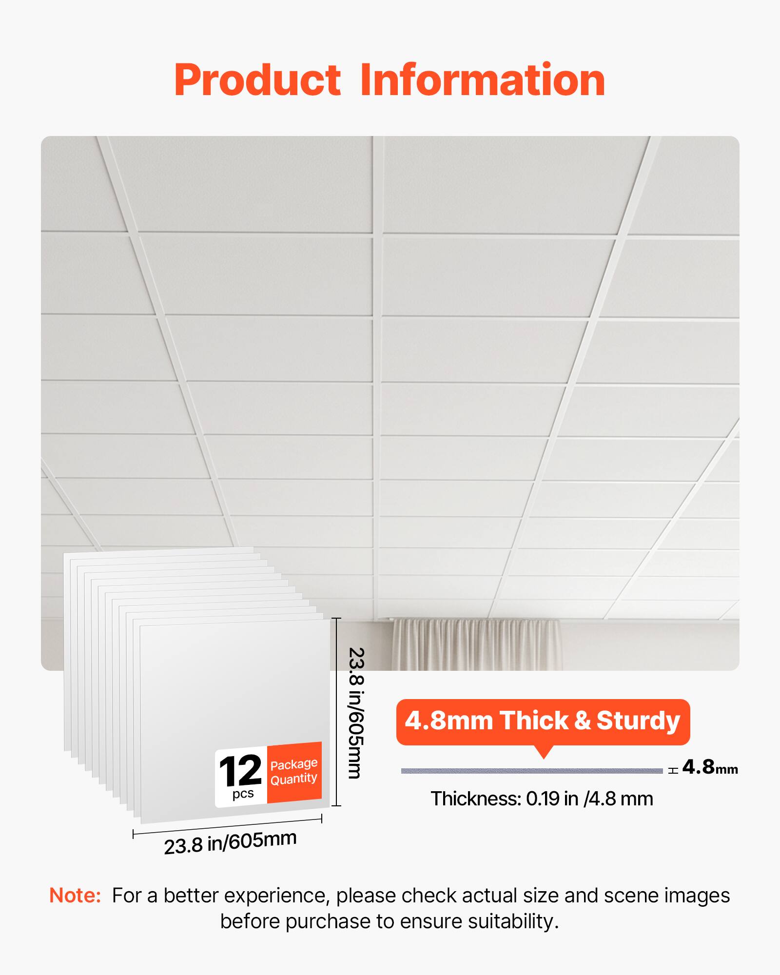 Product Information

- Package Quantity: 12 pcs
- Size: 23.8 in/605mm x 23.8 in/605mm
- Thickness: 4.8mm (0.19 in /4.8 mm)

Note: For a better experience, please check actual size and scene images before purchase to ensure suitability.