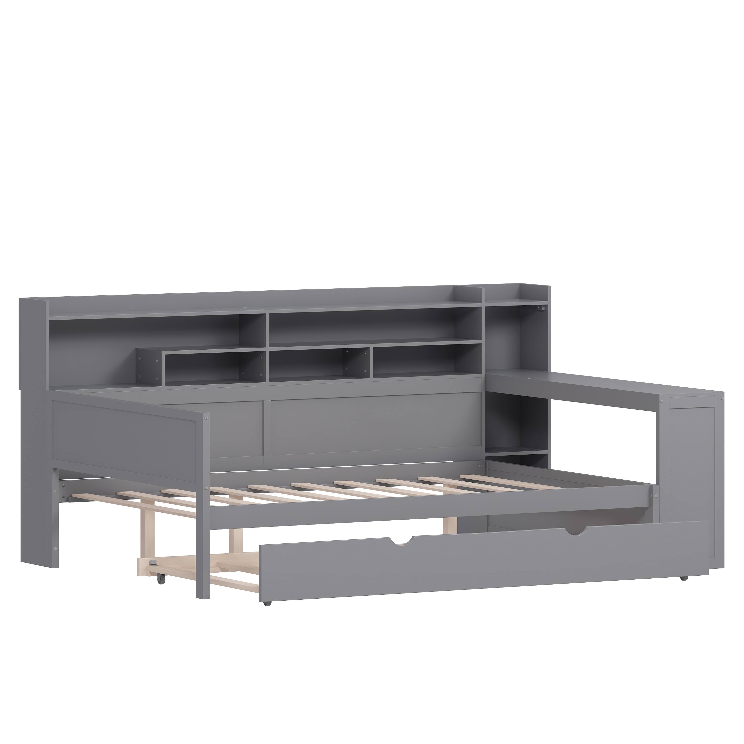 Alt View 5. Tiramisubest - Wooden Full Size Daybed with Storage Shelves, Multi-functional Bed with Twin Size Trundle Bed and  Study Desk,Gray - Gray.