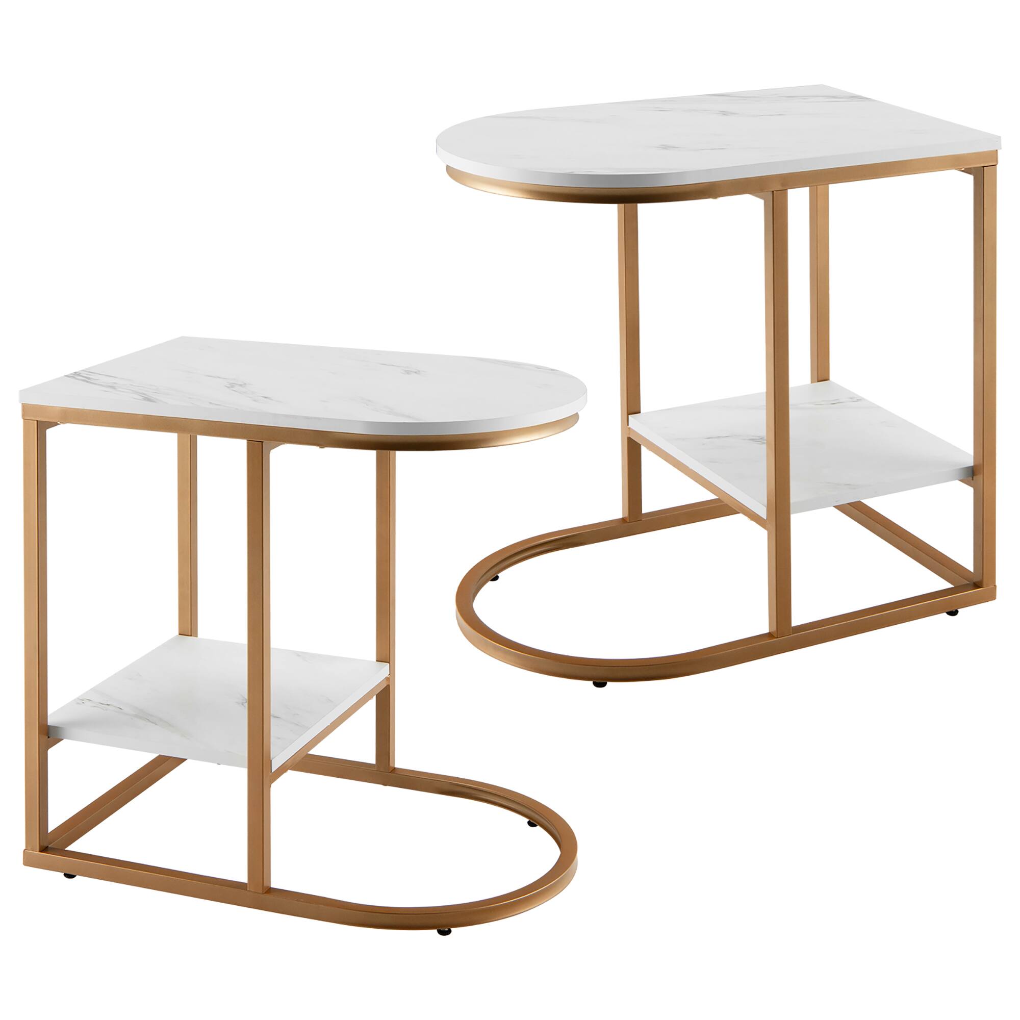 Front. Costway - Costway 2Pcs C-shaped Side Table 2-Tier End Table w/ Storage Modern Compact Snack Table - White,Gold.