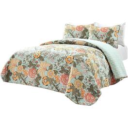 Hivvago - King size 3 Piece FarmHouse Cotton Reversible Quilt Set - Teal Floral