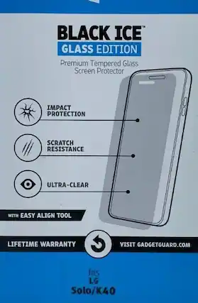 BLACK ICE GLASS EDITION
Premium Tempered Glass Screen Protector
- IMPACT PROTECTION
- SCRATCH RESISTANCE
- ULTRA-CLEAR
- WITH EASY ALIGN TOOL
- LIFETIME WARRANTY
VISIT GADGETGUARD.COM
fits LG Solo/K40