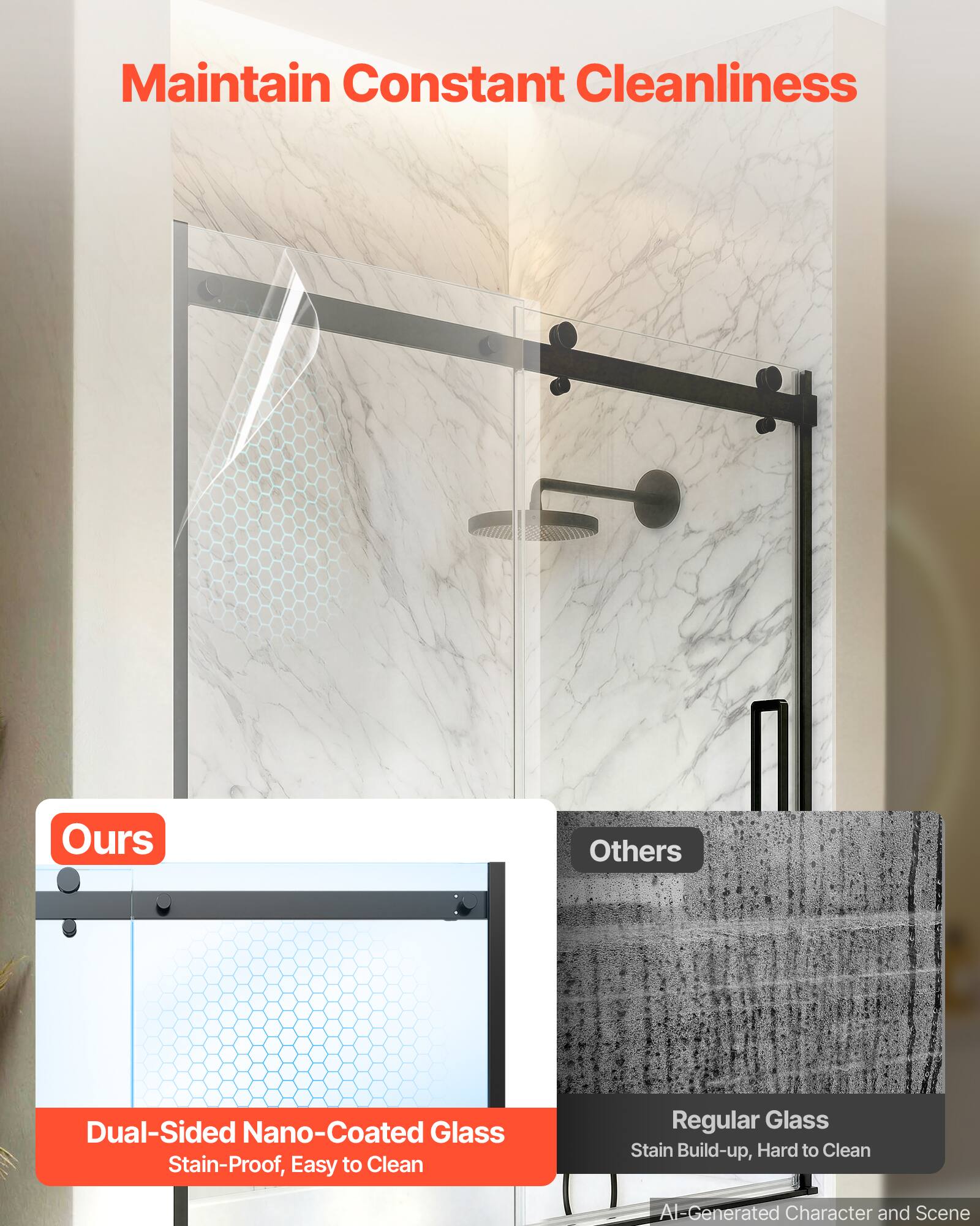 Maintain Constant Cleanliness

Ours
Dual-Sided Nano-Coated Glass
Stain-Proof, Easy to Clean

Others
Regular Glass
Stain Build-up, Hard to Clean

AI-Generated Character and Scene