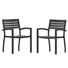 Emma + Oliver - Set of 2 Stackable All-Weather Aluminum Patio Chairs with Faux Teak Slats - Gray Wash Teak