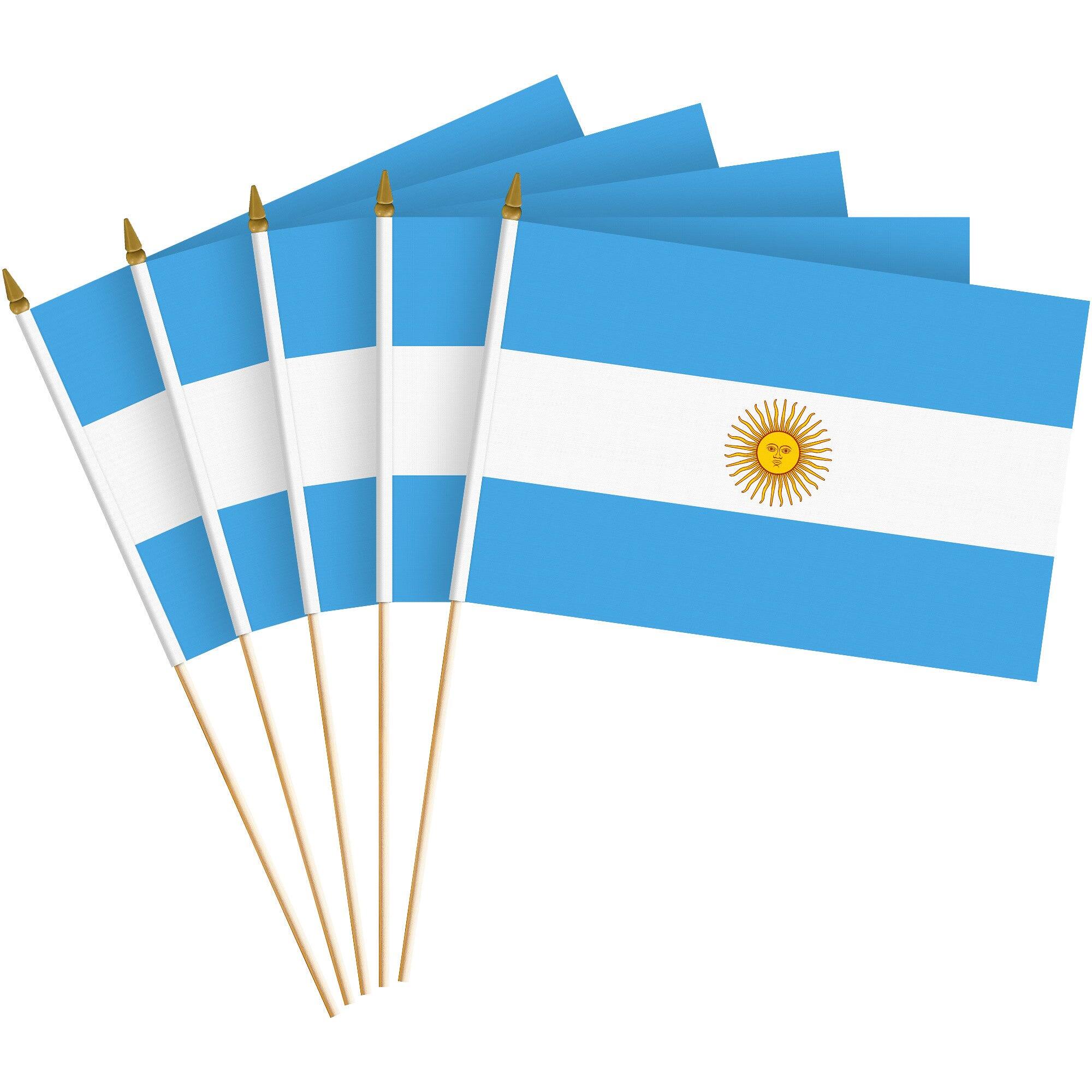 Front. G128 - 30-Pack Handheld Argentina Flags 8 x 12 in Printed 150D Polyester with Wooden Stick and Gold Spear Tip. - Assorted Colors.
