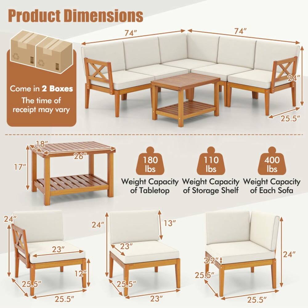 Product Dimensions  
74" x 74"  
Come in 2 Boxes  
The time of receipt may vary  

Weight Capacity  
- Tabletop: 180 lbs  
- Storage Shelf: 110 lbs  
- Each Sofa: 400 lbs  

Dimensions  
- Sofa: 74" x 25.5" x 24"  
- Table: 26" x 18" x 17"  
- Armchair: 24" x 25.5" x 23"