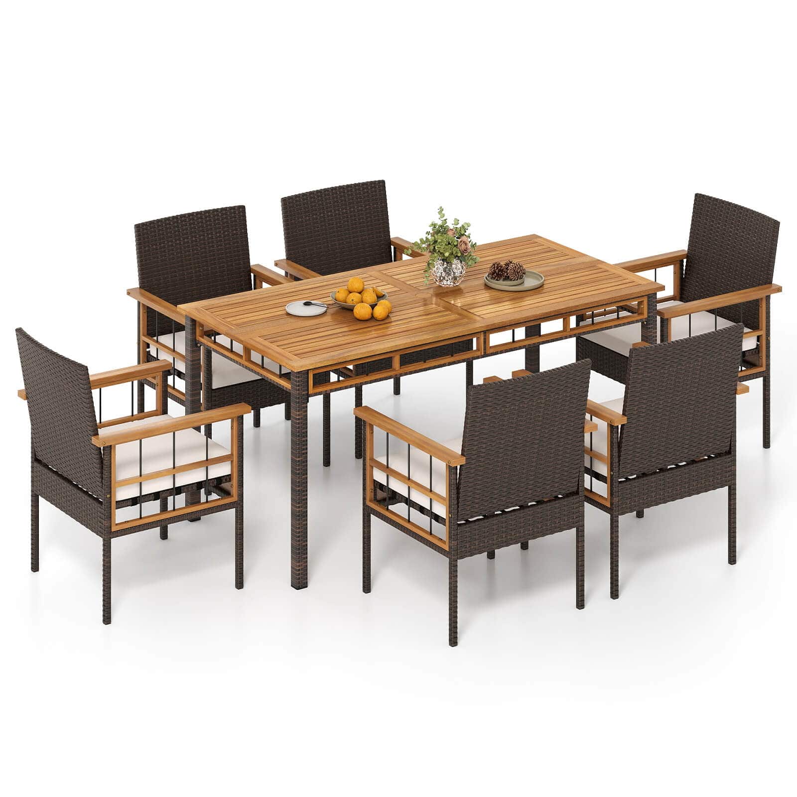 Costway - 7 PCS PE Wicker Patio Dining Set with 1.97" Umbrella Hole, Cushions for Deck Garden - Mix Brown