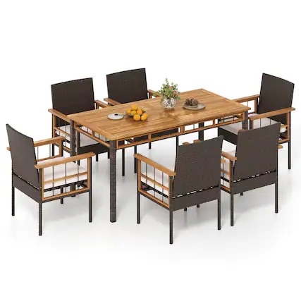 Front. Costway - Costway 7 PCS PE Wicker Patio Dining Set with 1.97" Umbrella Hole, Cushions for Deck Garden - Mix Brown.