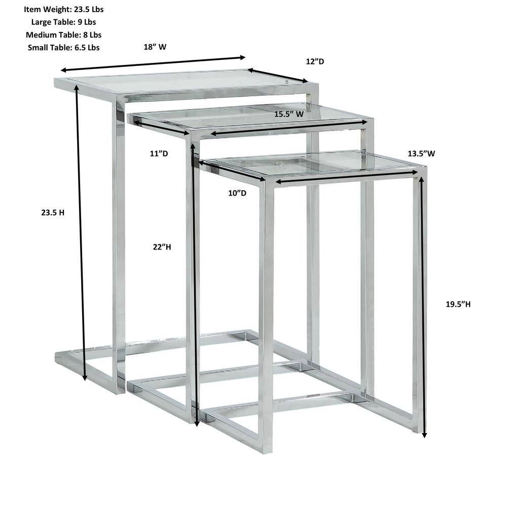 Item Weight: 23.5 Lbs  
Large Table: 9 Lbs  
Medium Table: 8 Lbs  
Small Table: 6.5 Lbs  

18" W  
12"D  
15.5" W  
11"D  
13.5"W  
10"D  
23.5 H  
22"H  
19.5"H