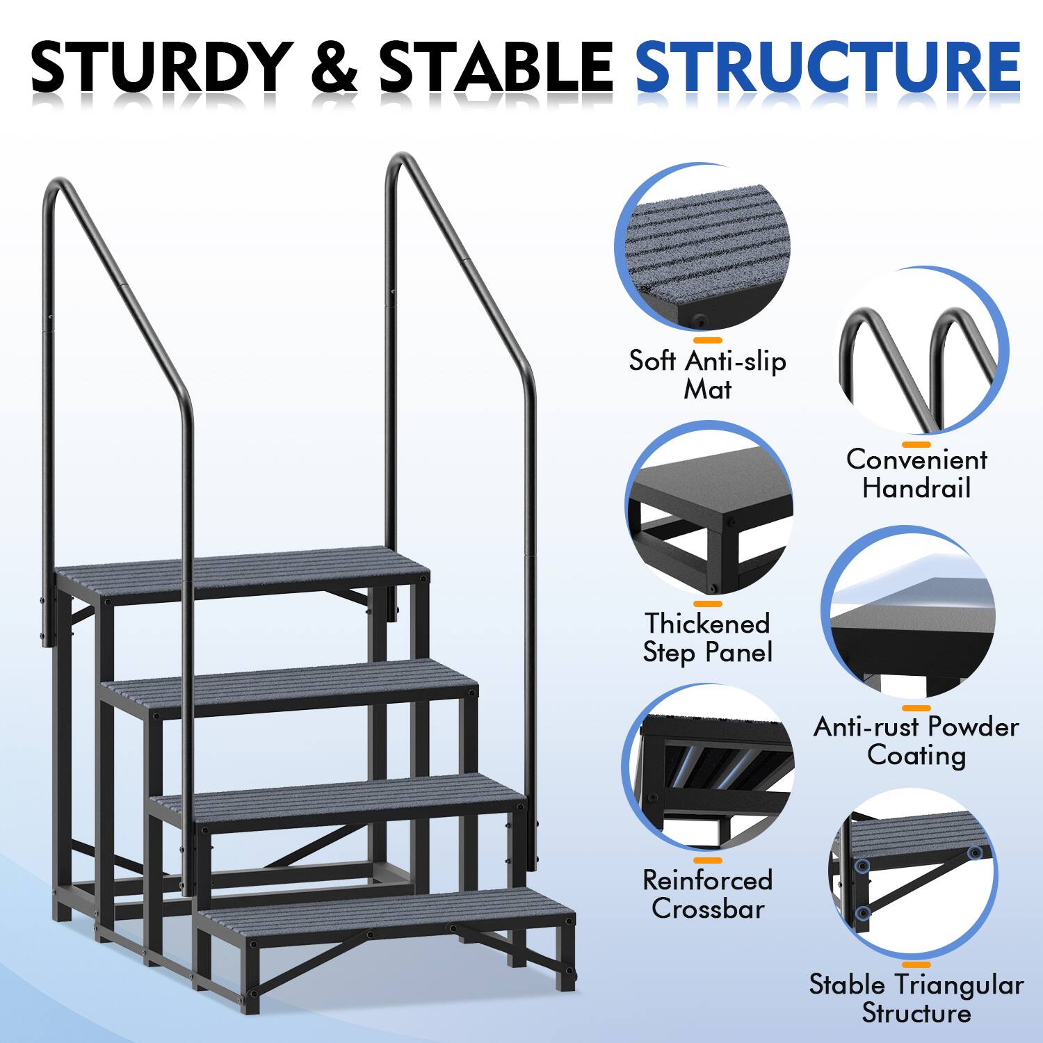 STURDY & STABLE STRUCTURE

- Soft Anti-slip Mat
- Convenient Handrail
- Thickened Step Panel
- Anti-rust Powder Coating
- Reinforced Crossbar
- Stable Triangular Structure