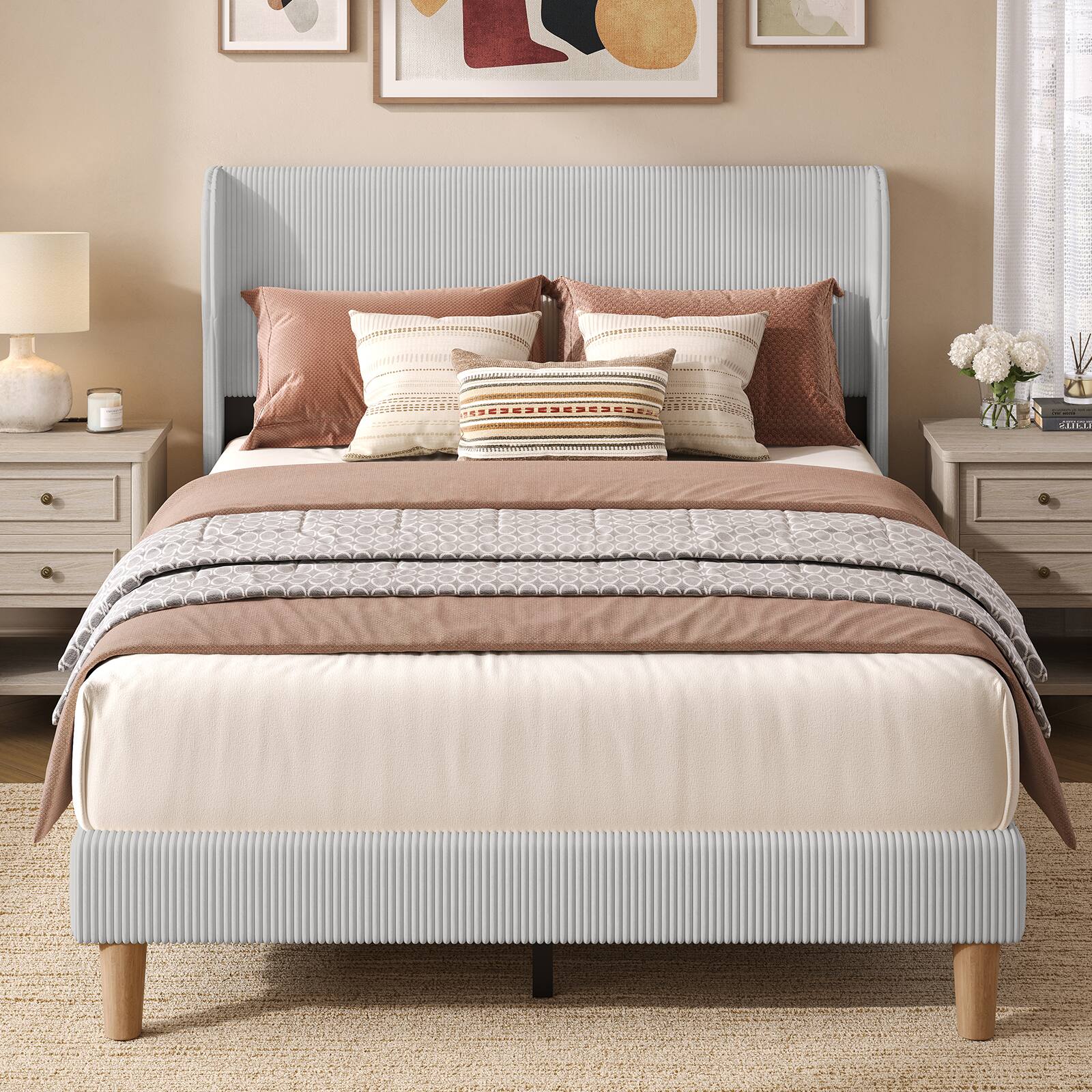 Left. Bestier - Wood Frame Corduroy Upholstered Platform Bed Frame with Wingback Headboard - Light Grey.
