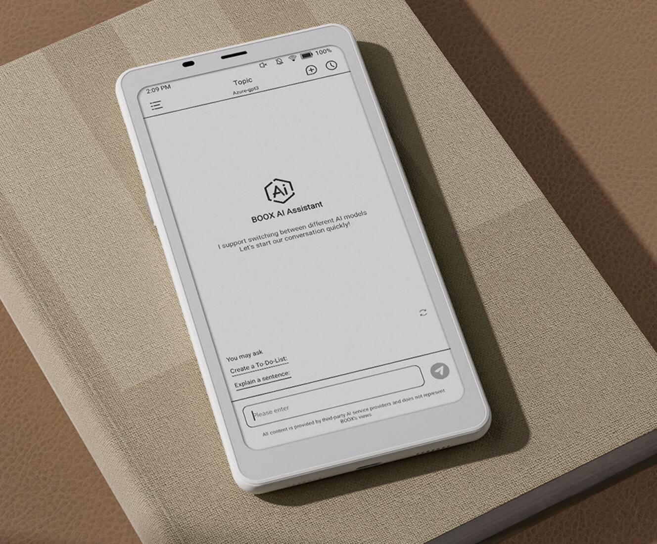 100% 2:09 PM Topic Azure-gota + AI Al Assistant models BOOX different Al between quickly! switching our conversation 1 support Let's start. You may ask: a Create 1 a sentence: Explain NOT represent and does enter service providers Please N viows this party BOOKS by provided AE content.