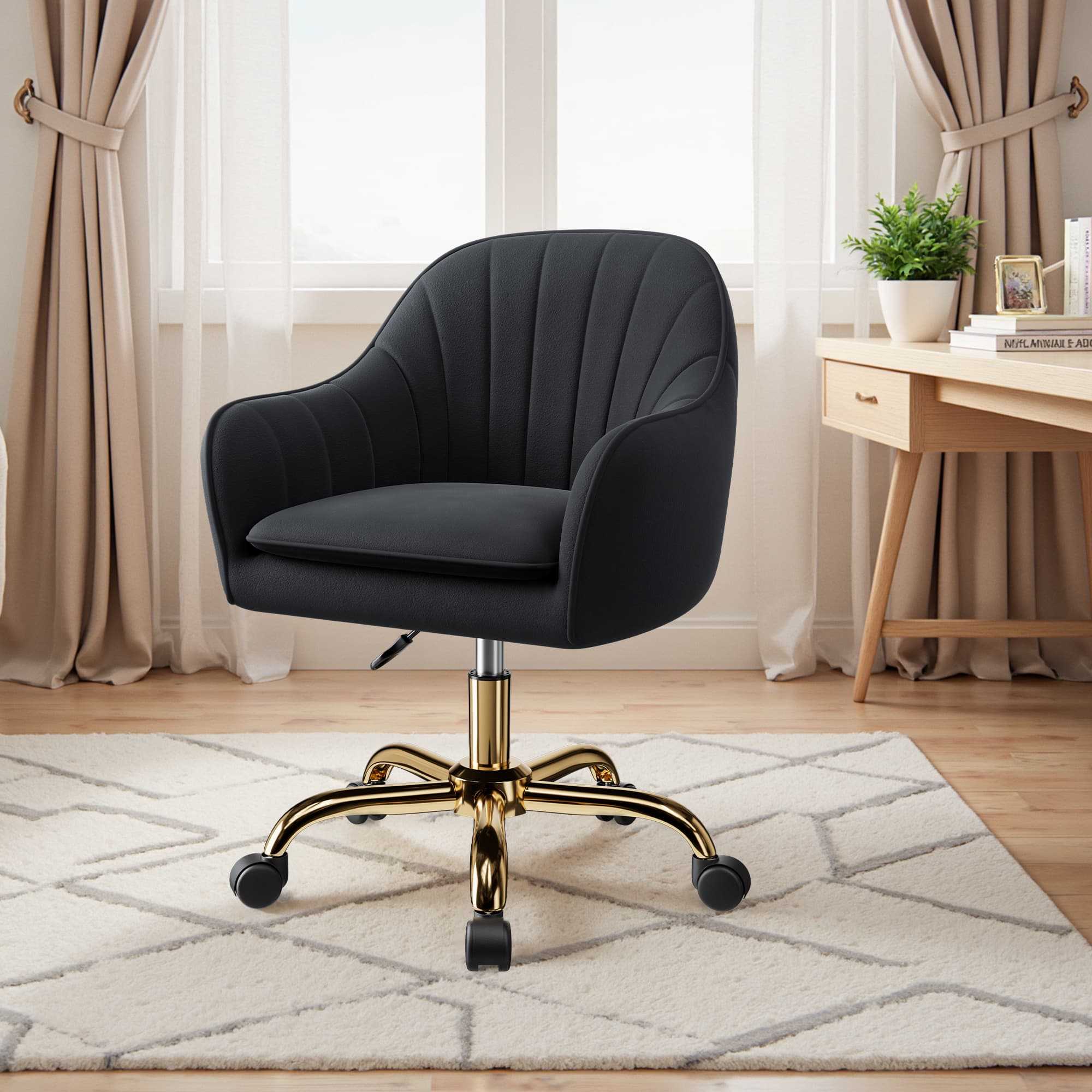KERDOM - Upholstered Velvet Vanity Chair with Back & Wheels, Swivel Rolling Home Office Chair, Padded Dresser Chair Makeup Room - Black