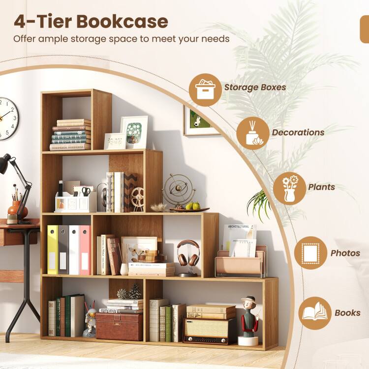 4-Tier Bookcase  
Offer ample storage space to meet your needs  

Storage Boxes  
Decorations  
Plants  
Photos  
Books