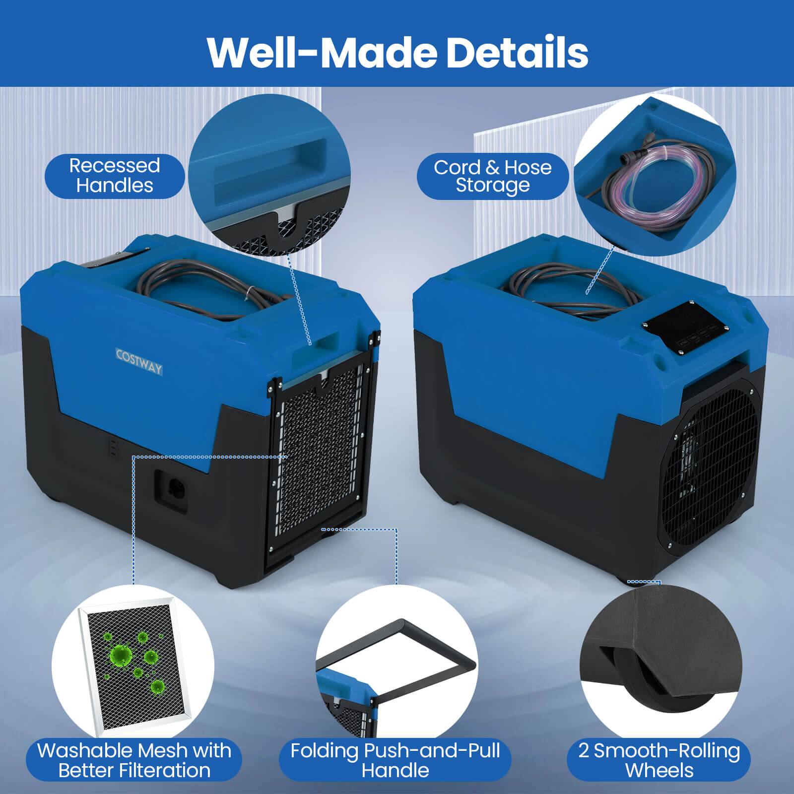 Sure, here is the corrected and grouped text from the image:

---

**Well-Made Details**

- **Recessed Handles**
- **Cord & Hose Storage**
- **Washable Mesh with Better Filtration**
- **Folding Push-and-Pull Handle**
- **2 Smooth-Rolling Wheels**

---