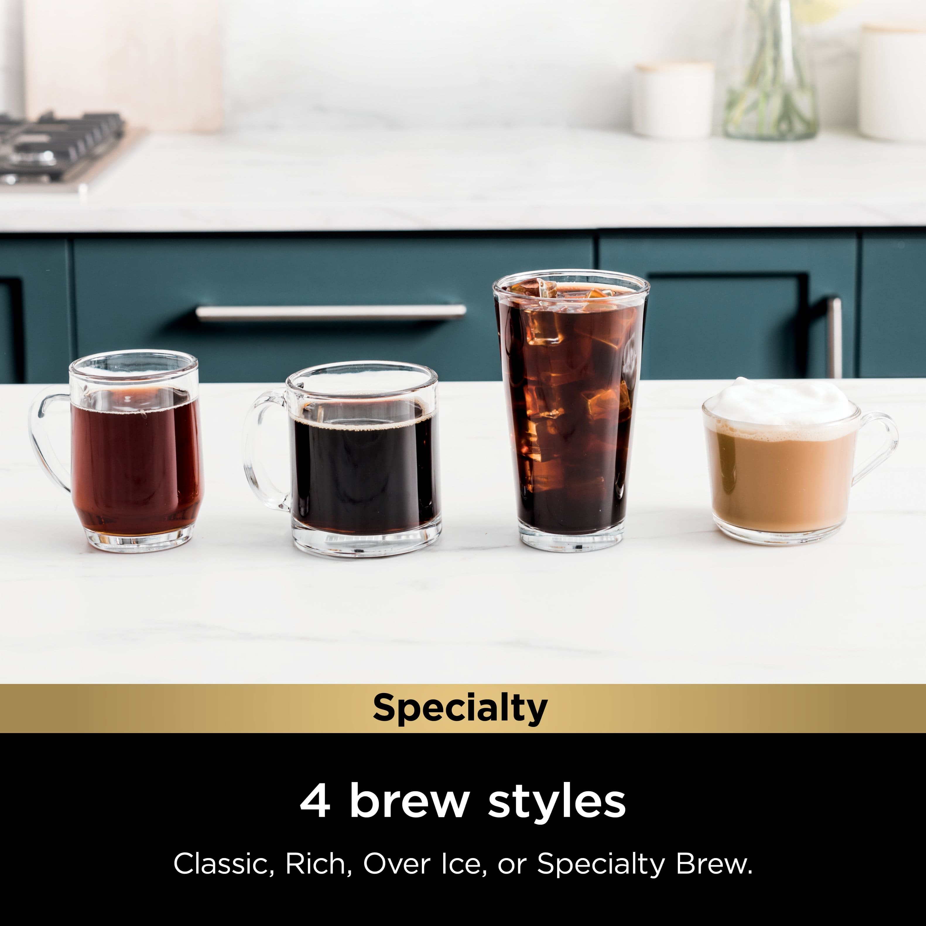 Specialty 4 brew styles: Classic, Rich, Over Ice, or Specialty Brew.