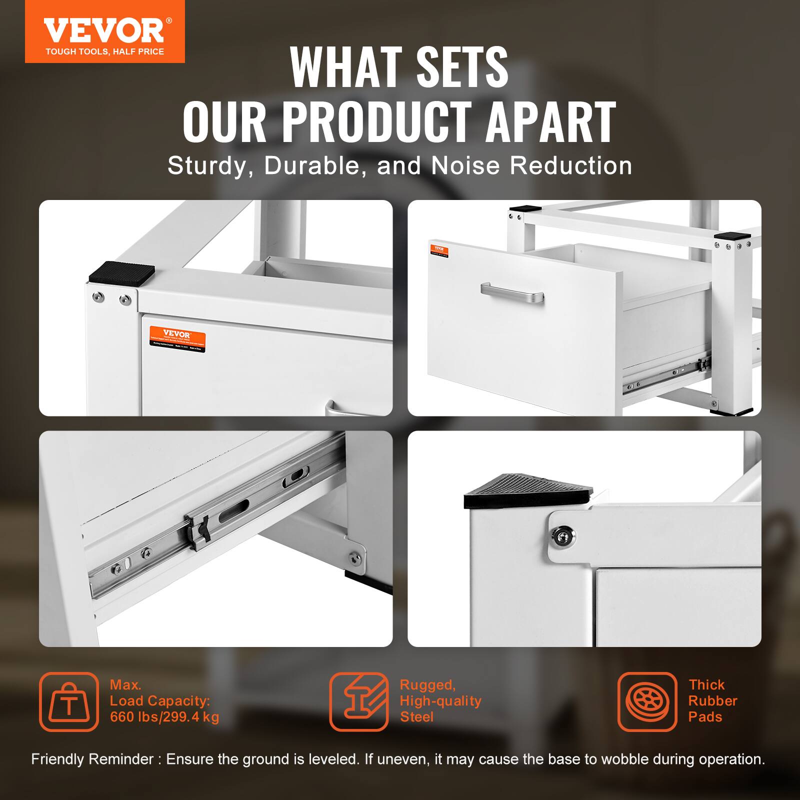 VEVOR TOUGH TOOLS. HALF PRICE

WHAT SETS OUR PRODUCT APART
Sturdy, Durable, and Noise Reduction

- Max Load Capacity: 660 lbs/299.4 kg
- Rugged, High-quality Steel
- Thick Rubber Pads

Friendly Reminder: Ensure the ground is leveled. If uneven, it may cause the base to wobble during operation.