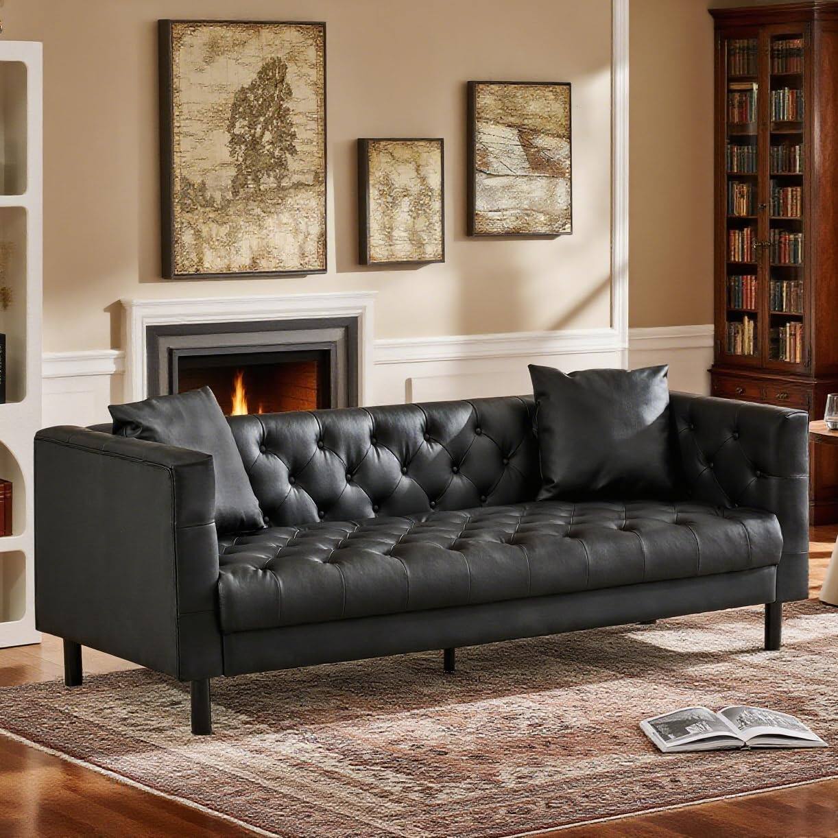 Left. Jojoka - 81" Mid-Century Modern 3-Seater Chesterfield Sofa with Deep Seat & 2 Pillows, Button Tufted Leather - Charcoal Black.