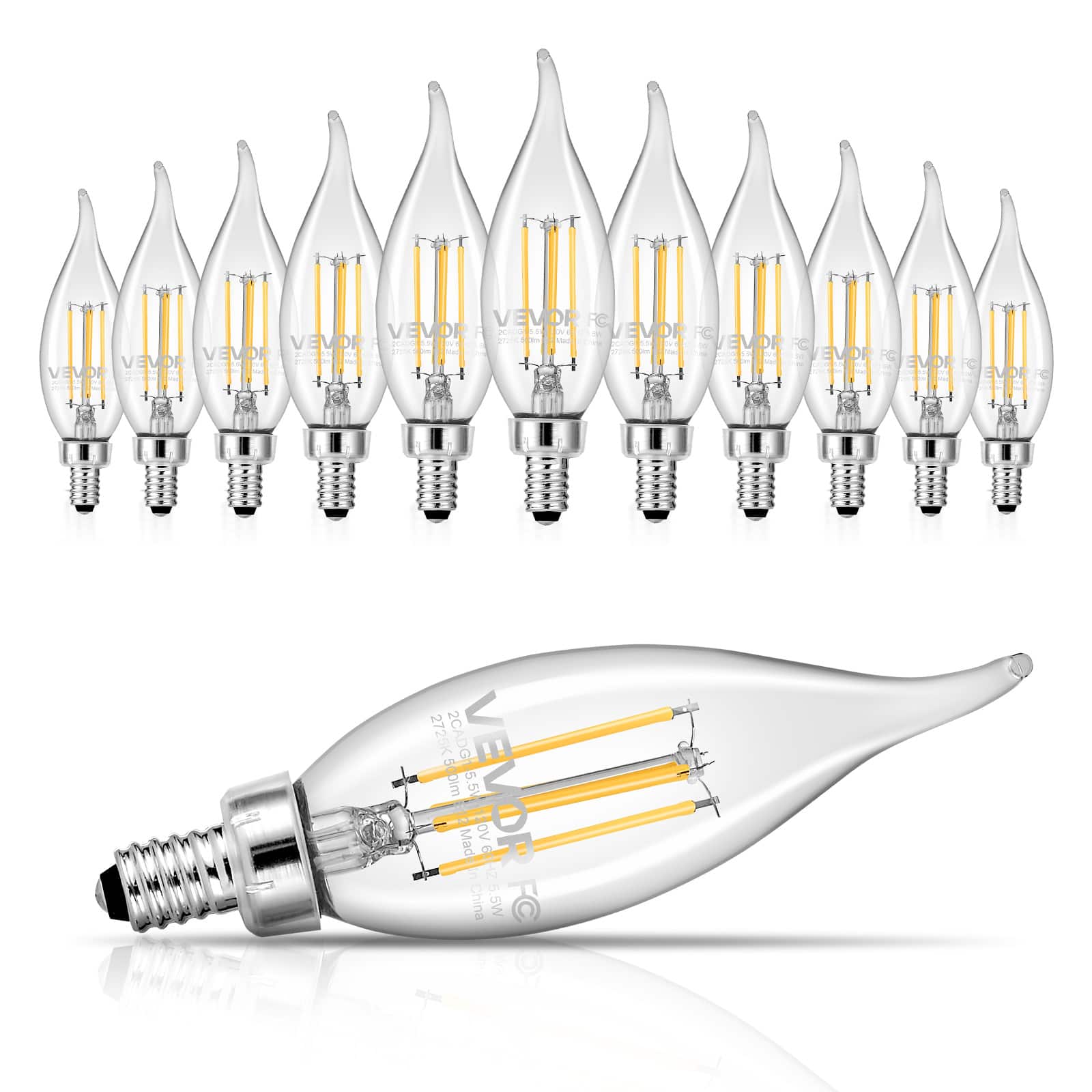 VEVOR - LED Candelabra Bulbs, 12-Pack Dimmable Chandelier Light Bulbs, Vintage Flame Tip Candle Light Bulb - Transparent+Orange+Silver