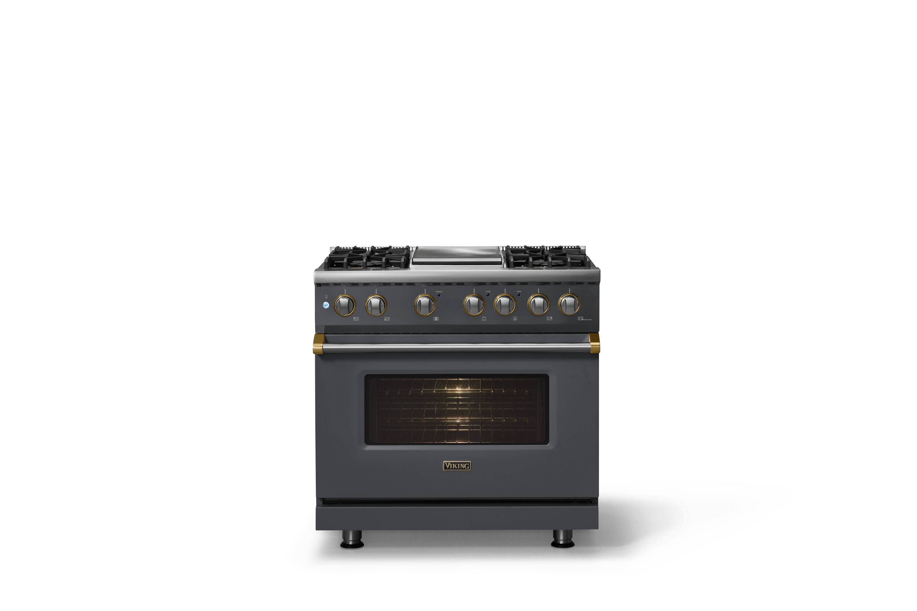 Alt View 2. Viking - 36 in. Wide 4 Burner Pro 5 Series 5.6 Cu. Ft. Freestanding Sealed DF Convection Range/Griddle with Brushed Brass Trim - Cast Black.
