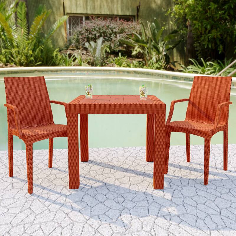 Left. LeisureMod - Mace 4-Pieces Modern Woven Pattern Dining Chairs - Waterproof Stackable Indoor Outdoor Patio Chairs - Orange.