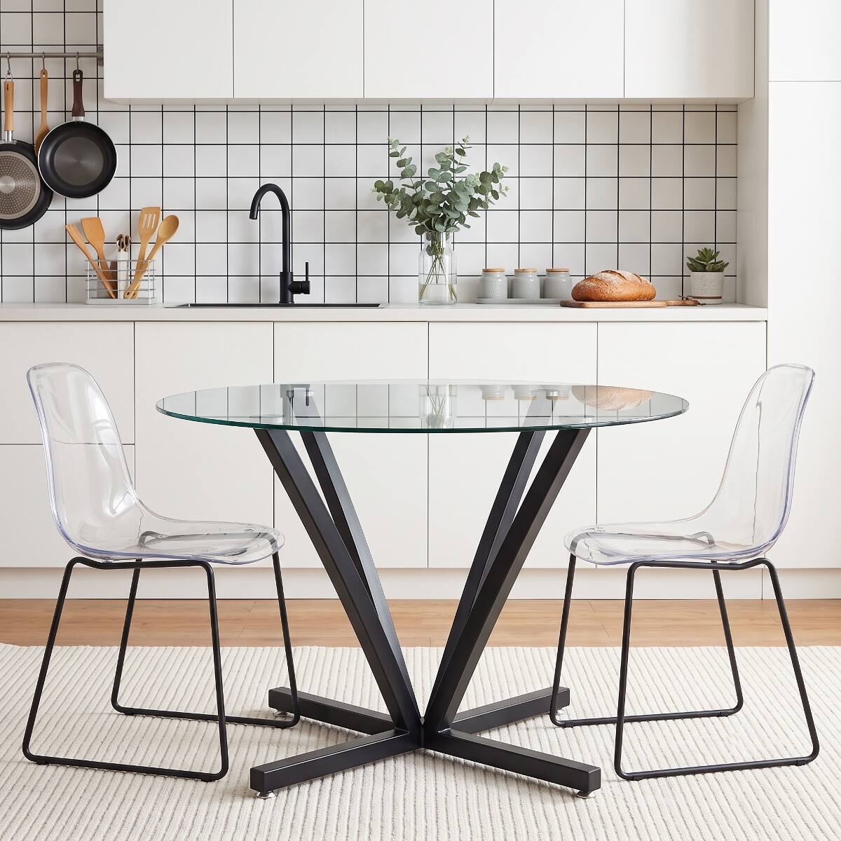 Alt View 1. Loheer - Loheer 45 inch round dining table with tempered glass top and black metal base - Black.