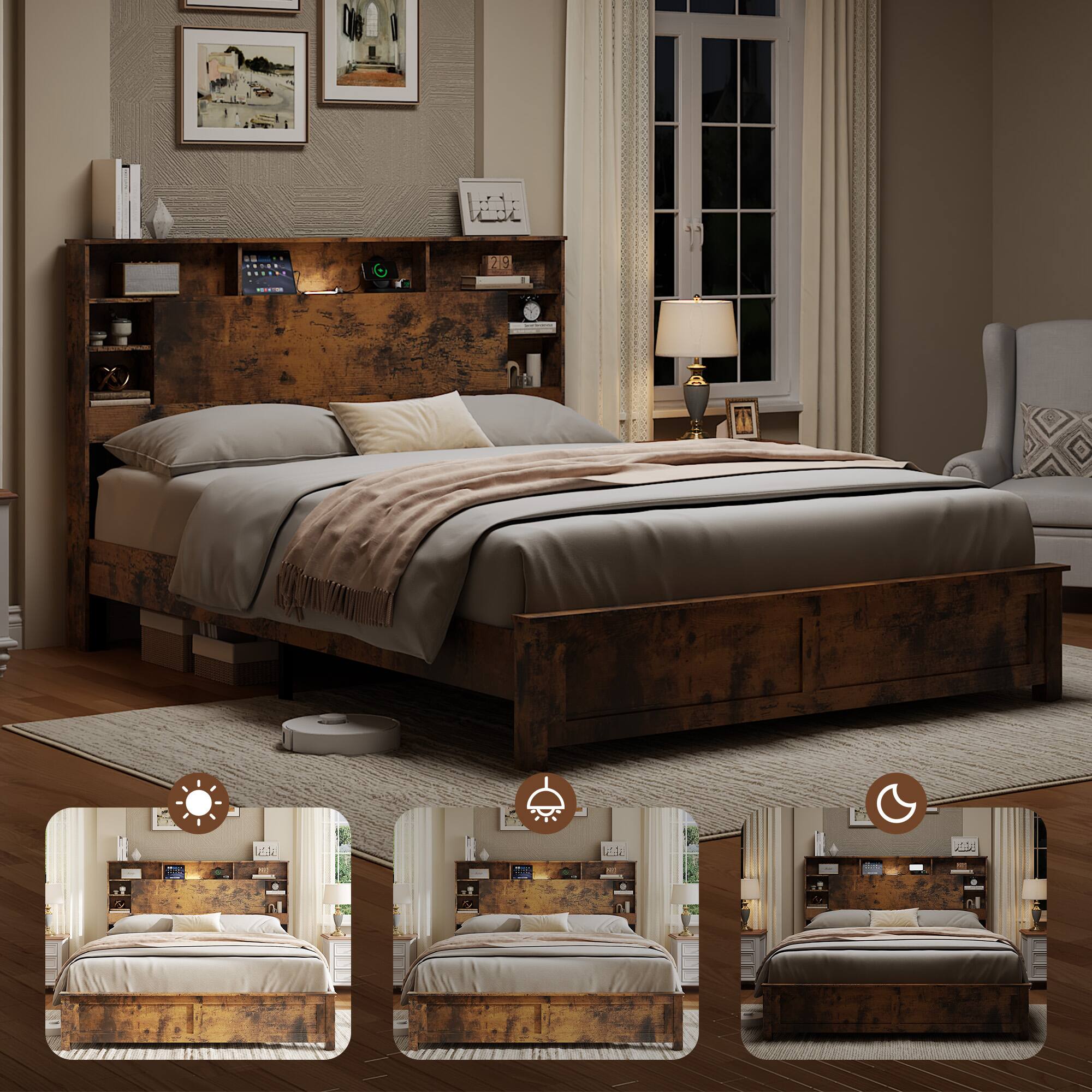Left. LUCKY ONE - Queen Size Bed Frame with Charging Station, LED Lights & Bookcase - Dark Brown.