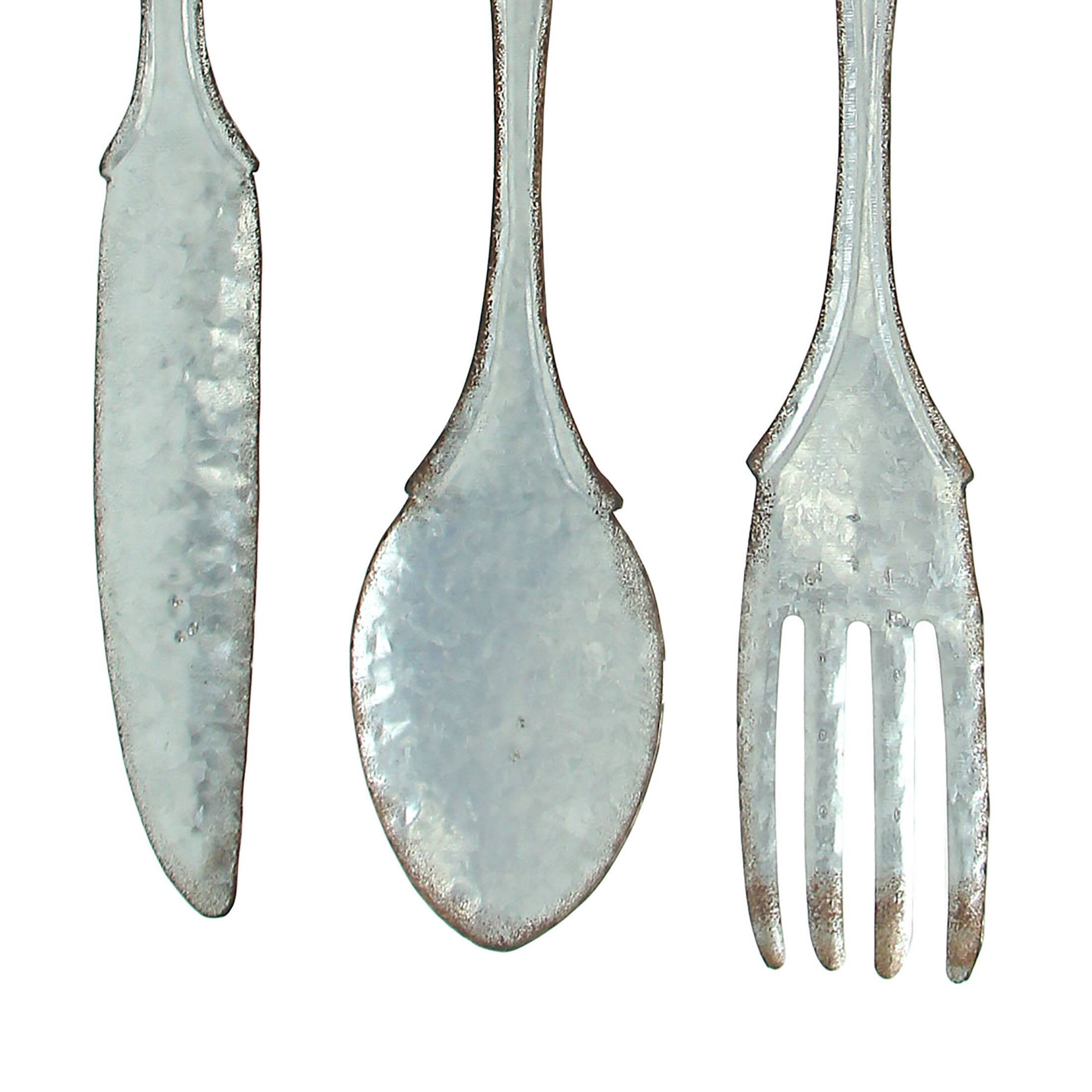 Alt View 2. Zeckos - Giant Galvanized Metal Fork Spoon Knife Farmhouse Kitchen Decor Wall Hanging Set - Gray.