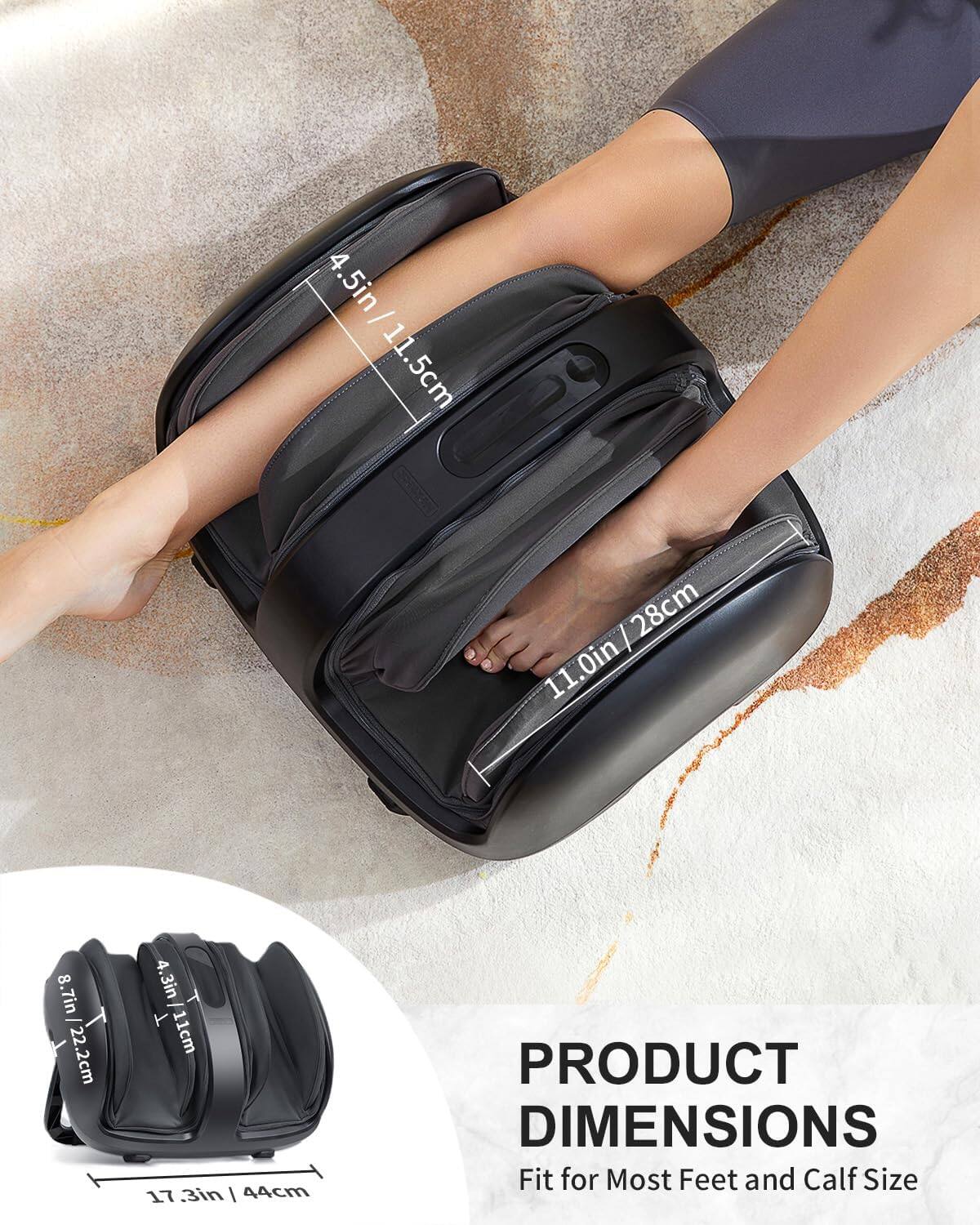 4.5in / 11.5cm, 11.0in / 28cm, 8.7in / 22.2cm, 4.3in / 11cm, 17.3in / 44cm, PRODUCT DIMENSIONS Fit for Most Feet and Calf Size
