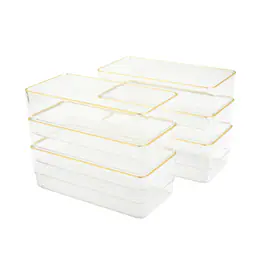 Martha Stewart - Kerry Set of 6 Plastic Stacking Desk Drawer Organizers with Gold Trim - 6 x 3 - Clear/Gold Trim