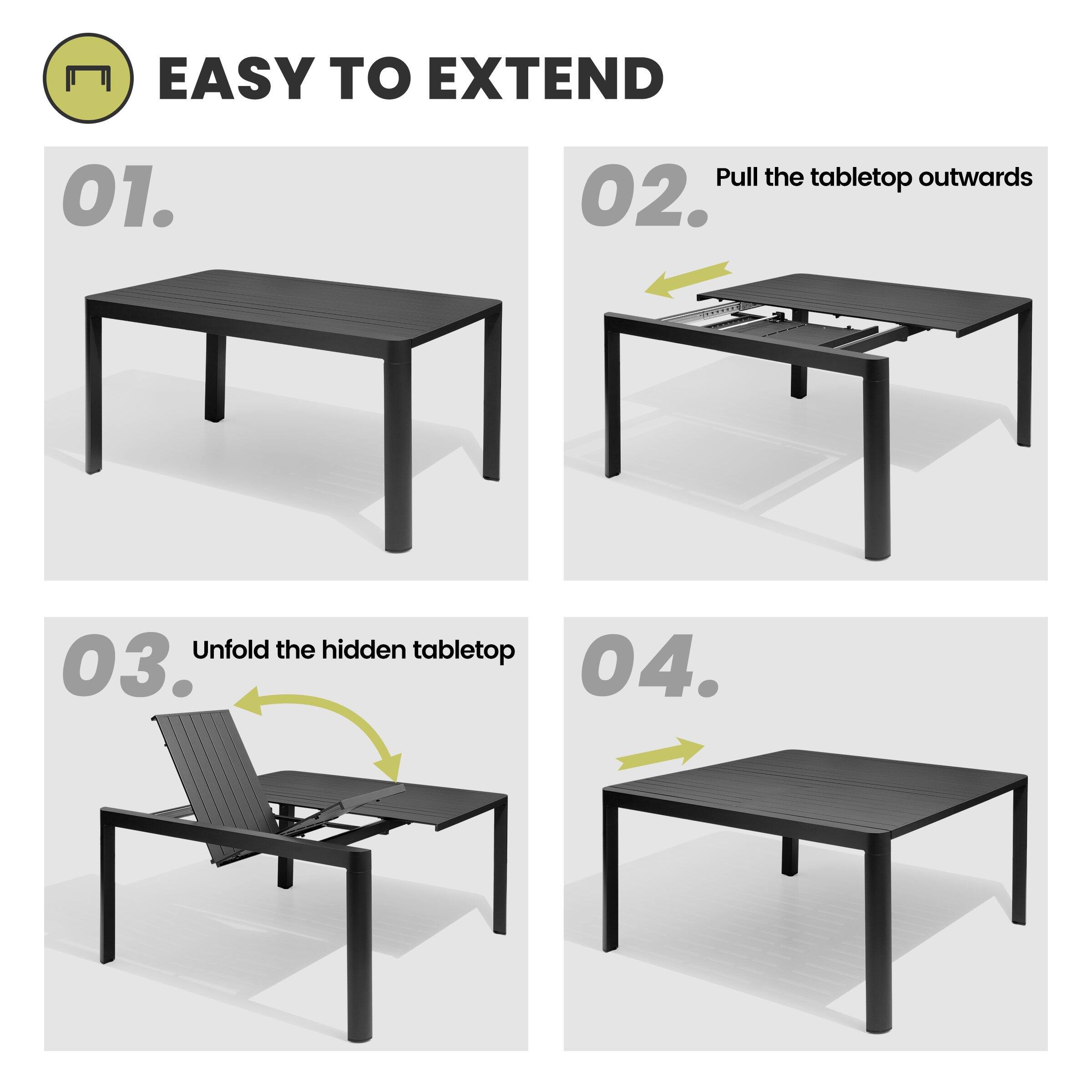 EASY TO EXTEND

01.  
02. Pull the tabletop outwards  
03. Unfold the hidden tabletop  
04.