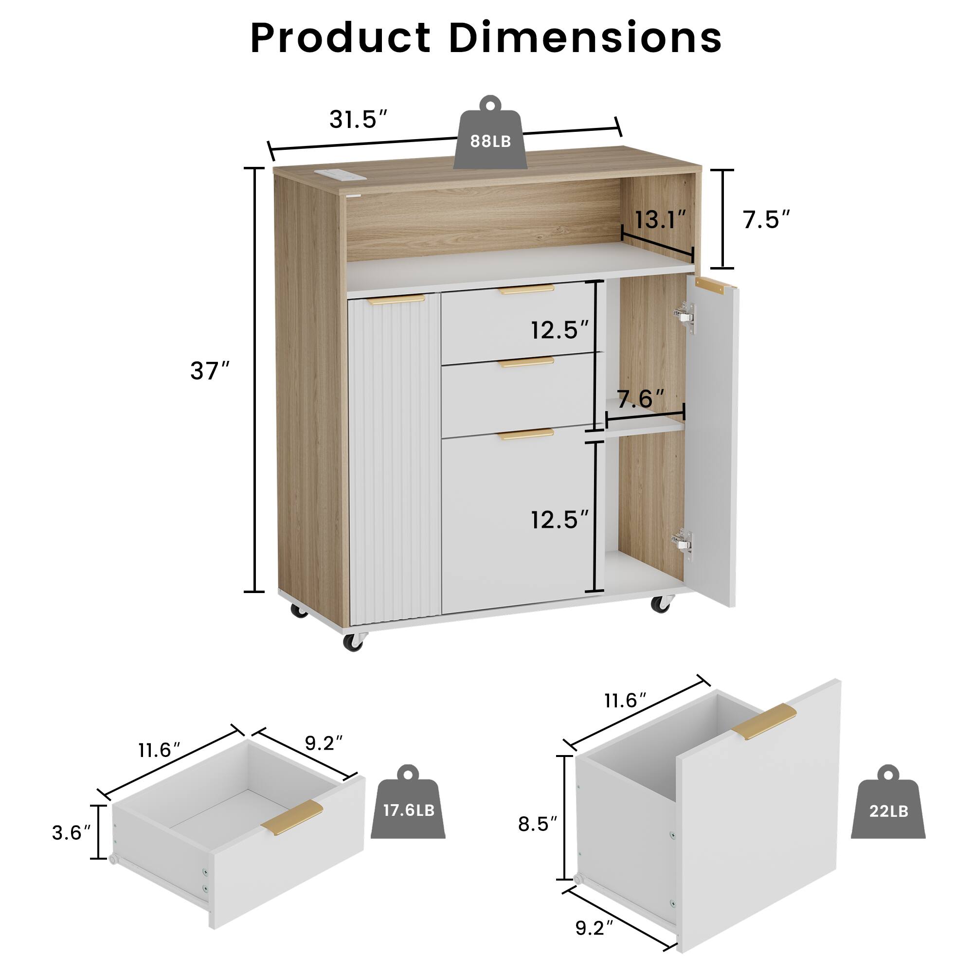 Product Dimensions:  
- 31.5" (88LB)  
- 13.1"  
- 7.5"  
- 12.5"  
- 7.6"  
- 12.5"  
- 37"  
- 11.6"  
- 9.2"  
- 3.6" (17.6LB)  
- 8.5" (22LB)  
- 9.2"