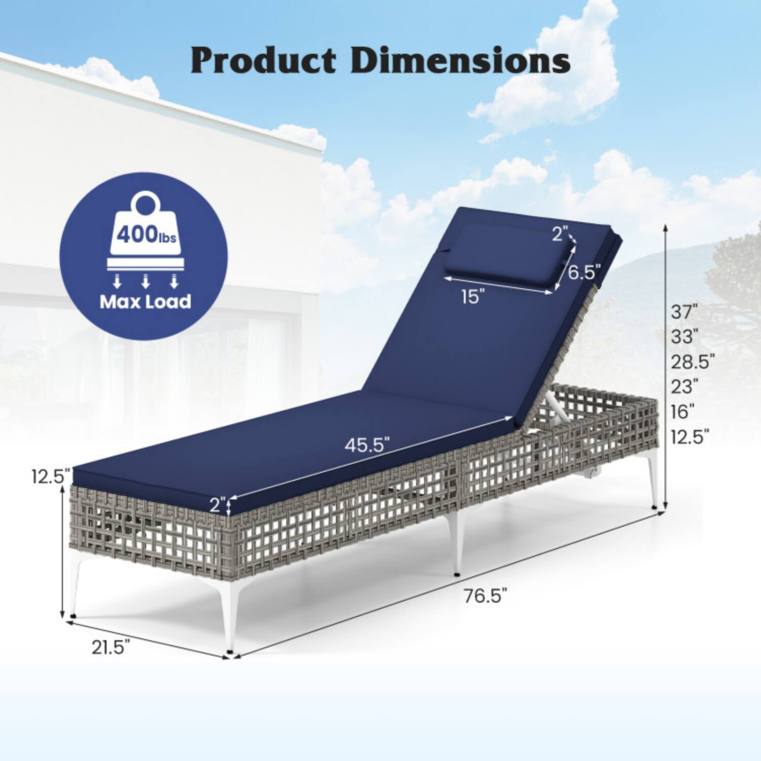 Product Dimensions:  
- 400 lbs Max Load  
- 2"  
- 12.5"  
- 45.5"  
- 15"  
- 6.5"  
- 37"  
- 33"  
- 28.5"  
- 23"  
- 16"  
- 12.5"  
- 76.5"  
- 21.5"