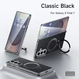 Dteck - Magnetic Leather Texture Protective Case for Samsung Galaxy Z Fold7 with Kickstand, Shockproof Hinge Protection Cover - Black