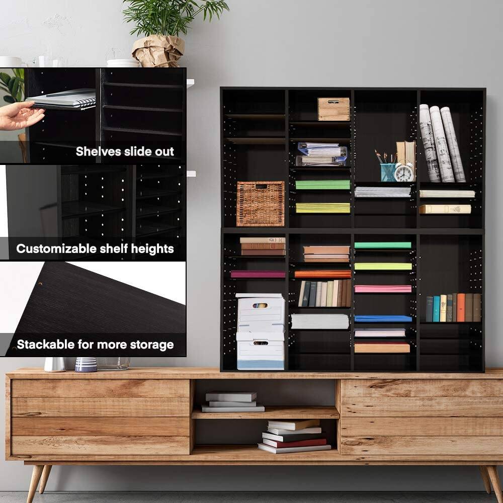 Shelves slide out, Customizable shelf heights, Stackable for more storage