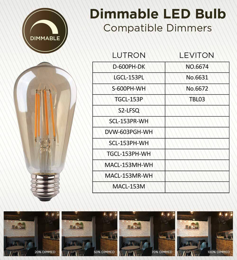 DIMMABLE Dimmable LED Bulb Compatible Dimmers

LUTRON  
- D-600PH-DK  
- LGCL-153PL  
- S-600PH-WH  
- TGCL-153P  
- S2-LFSQ  
- SCL-153PR-WH  
- DVW-603PGH-WH  
- SCL-153PH-WH  
- TGCL-153PH-WH  
- MACL-153MH-WH  
- MACL-153MR-WH  
- MACL-153M  

LEVITON  
- NO.6674  
- No.6631  
- No.6672  
- TBL03  

20% DIMMED  
50% DIMMED  
70% DIMMED  
100% DIMMED