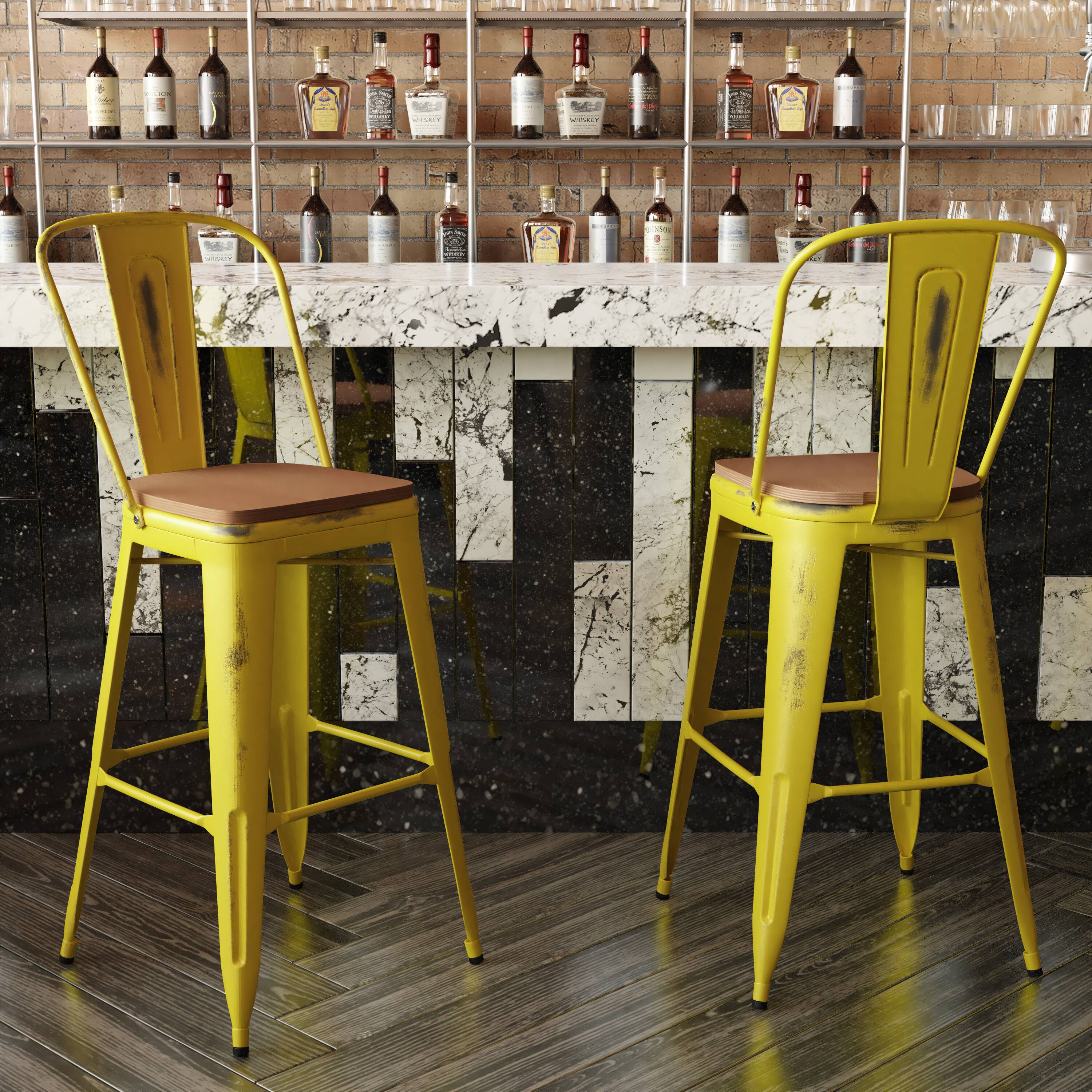 Emma + Oliver Nova Distressed Metal Stools with Backs and Polystyrene ...