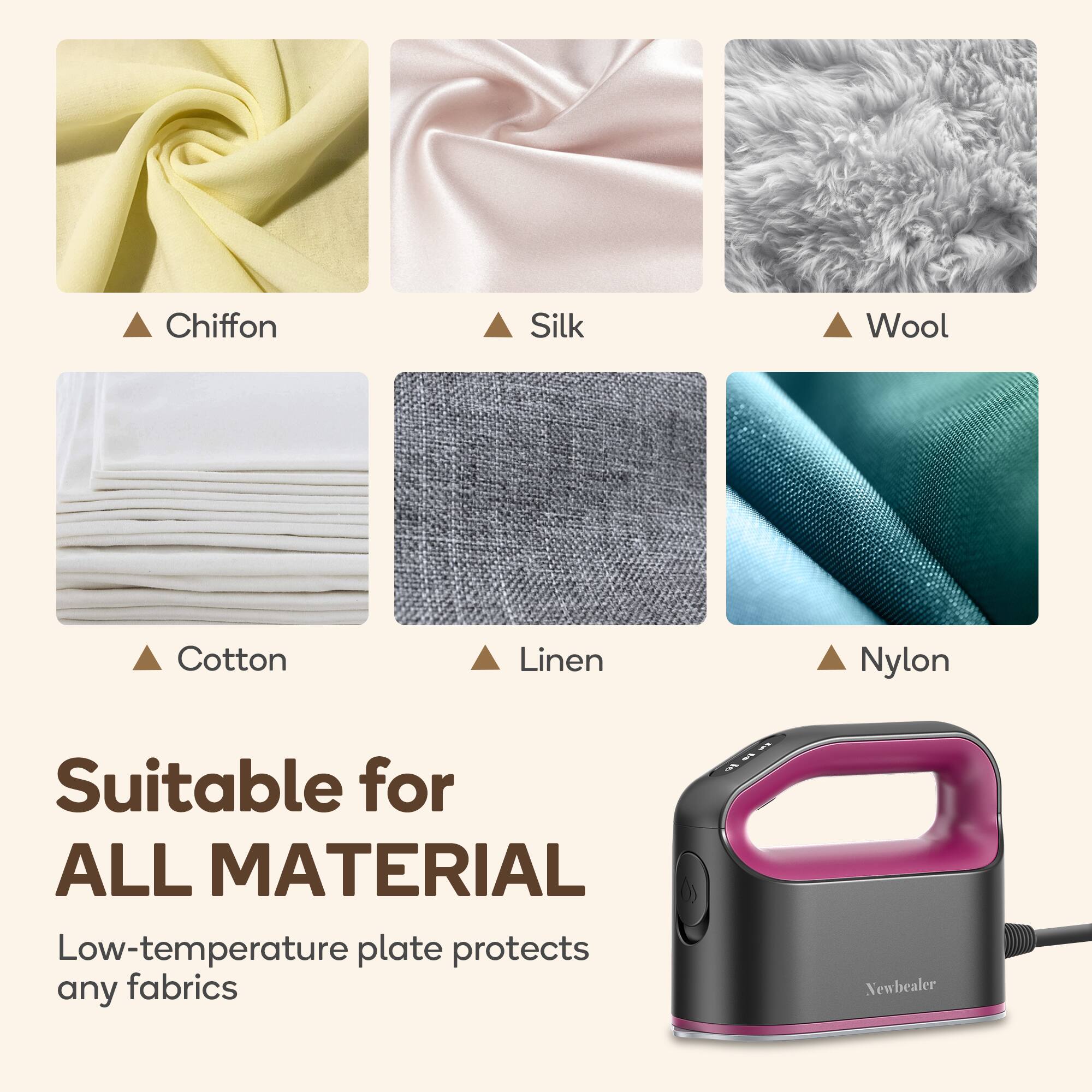 Suitable for ALL MATERIAL, Low-temperature plate protects any fabrics, Chiffon, Silk, Wool, Cotton, Linen, Nylon, Newbealer