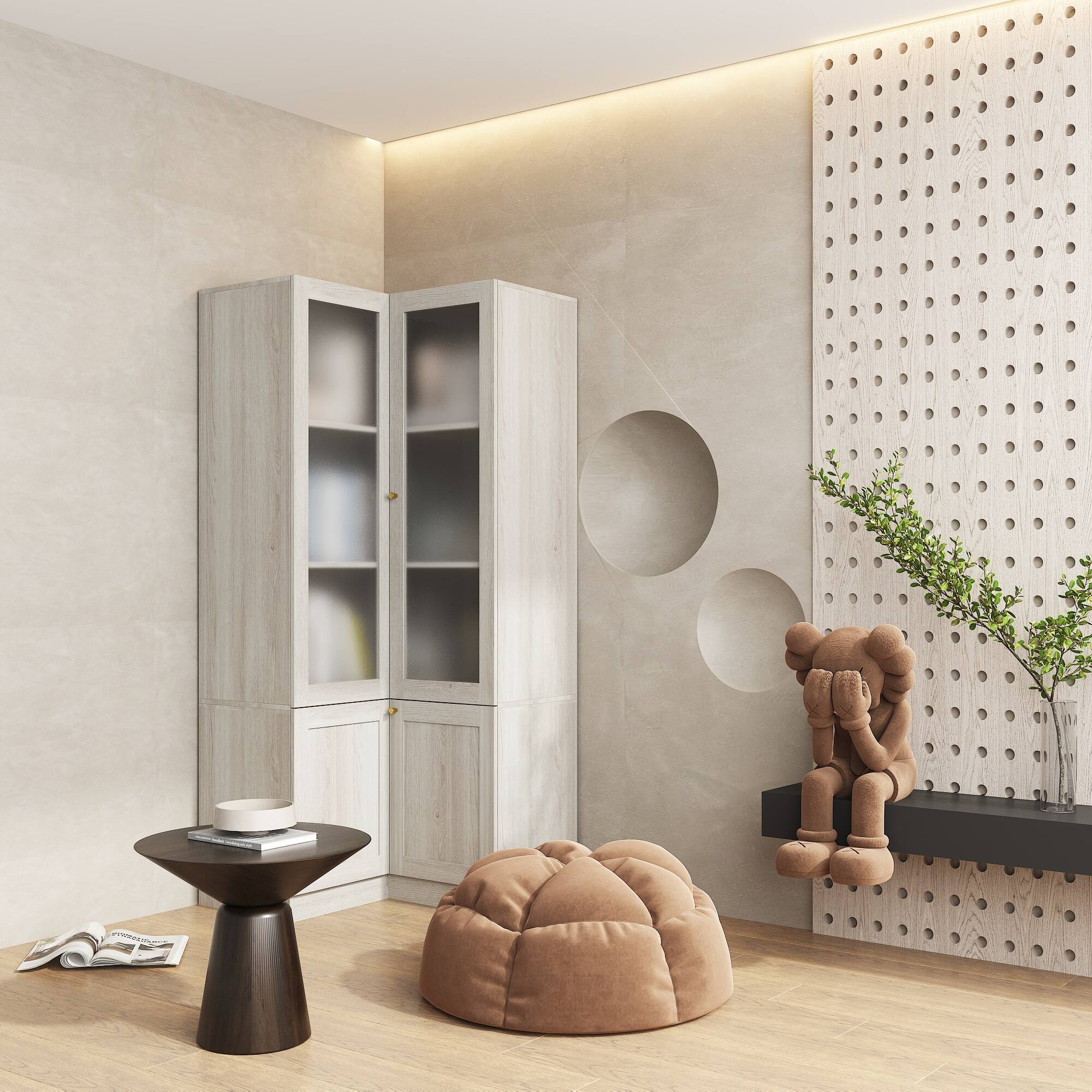 Alt View 1. Famapy - Corner Frosted Glass Bookcase Modern Storage Cabinet with Shelves and Doors for Living Room Bedroom Study - Light Gray.