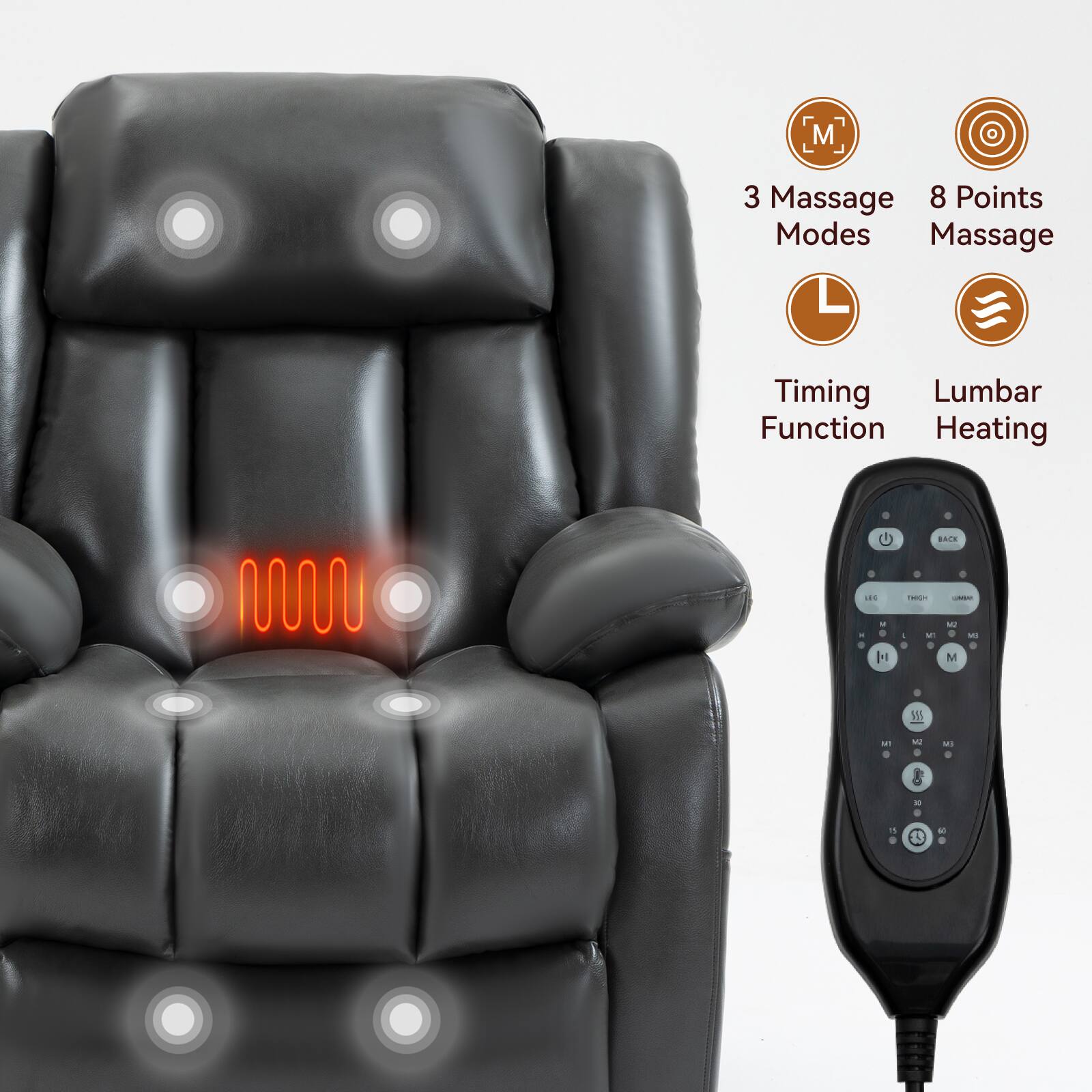 3 Massage Modes  
8 Points Massage  
Timing Function  
Lumbar Heating
