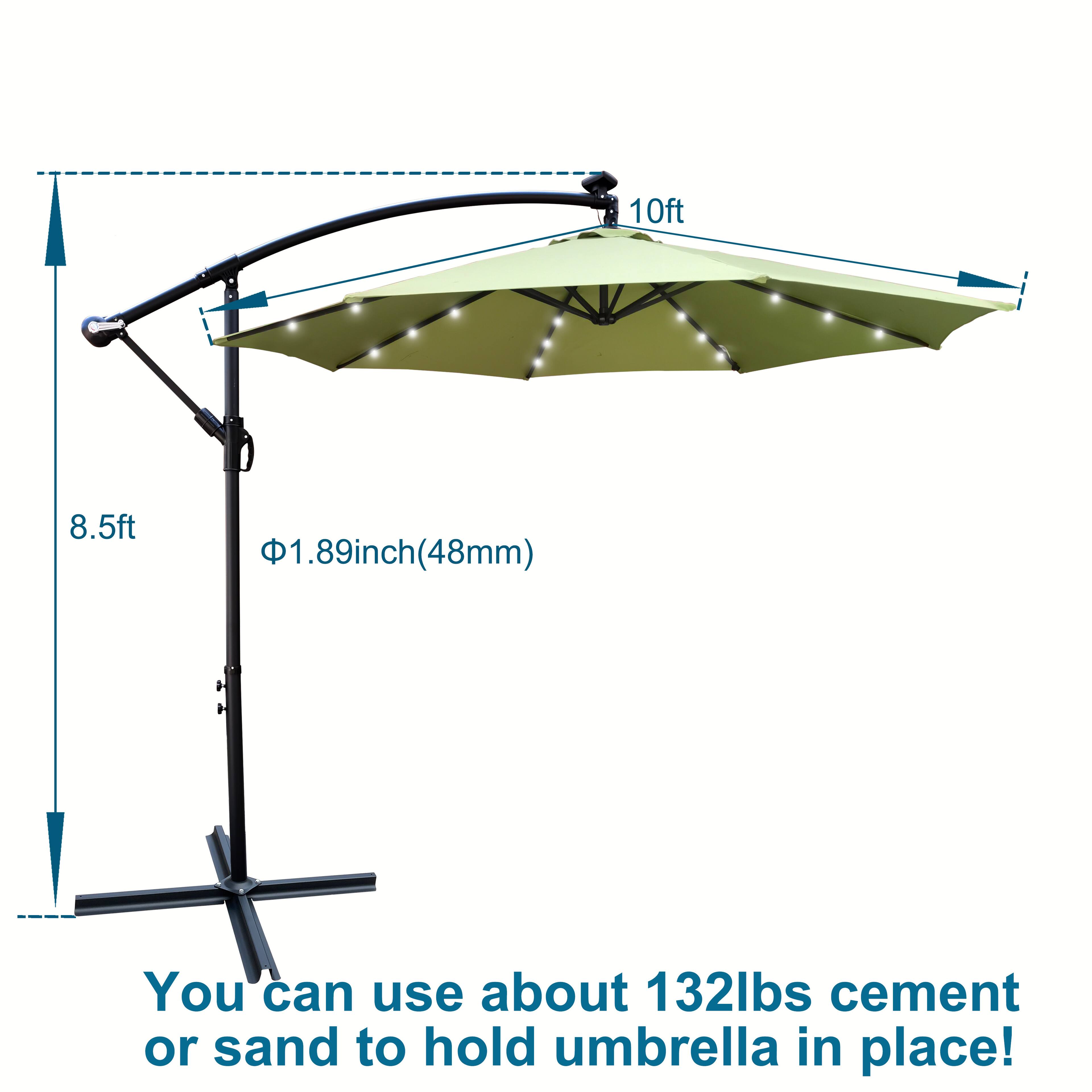 10ft  
8.5ft  
1.89inch (48mm)  

You can use about 132lbs cement or sand to hold umbrella in place!
