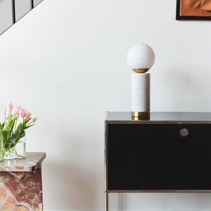 Alt View 2. Brightech - Aspen LED Modern Contemporary Round Globe Dimmable Bedside Nightstand Desk Lamp with Fast Charging USB Port - Glossy White Marble.