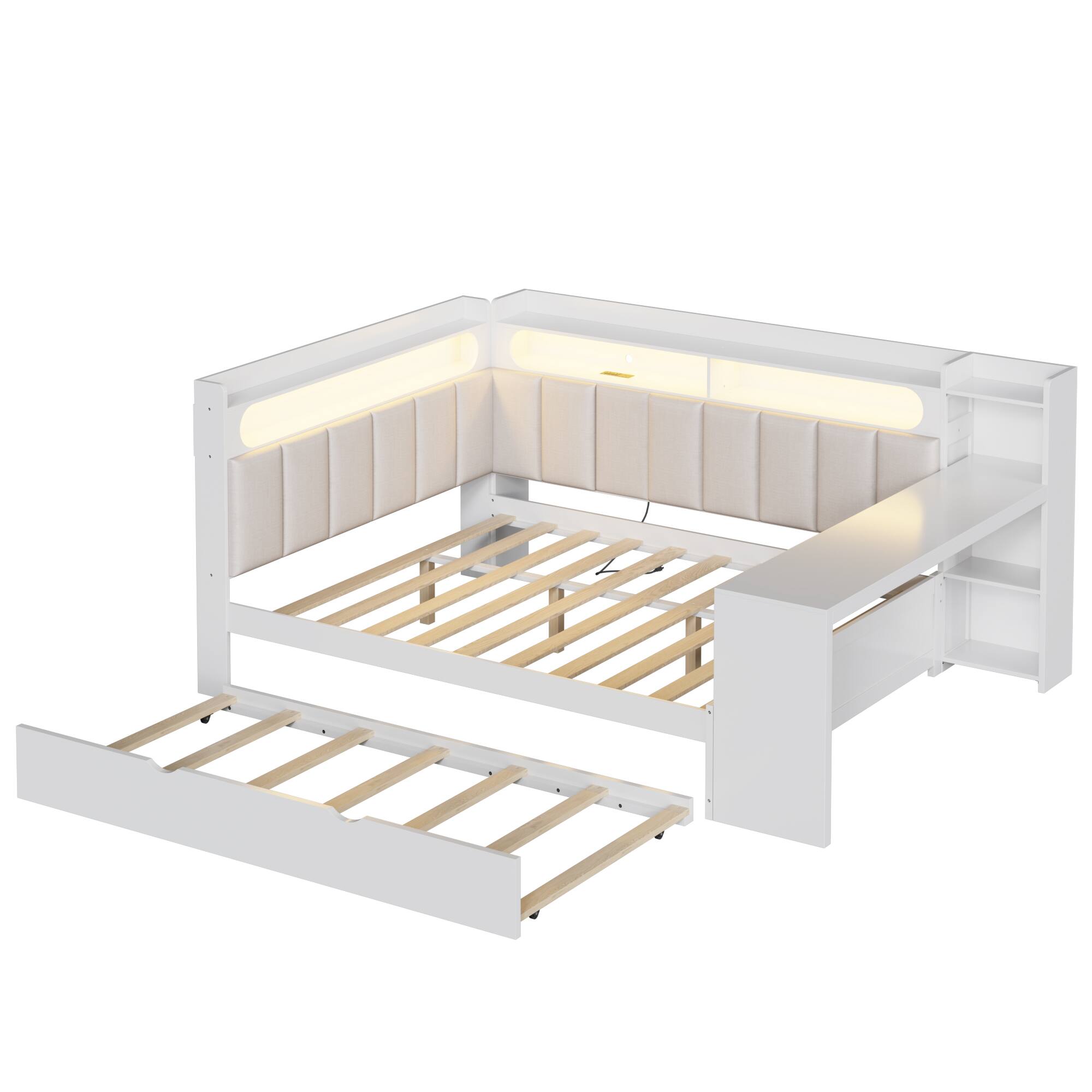 Alt View 1. Whisen - Full-Size Daybed with Trundle, Storage Shelves, Desk, Charging Station, LED Lights & Upholstered Back - White.